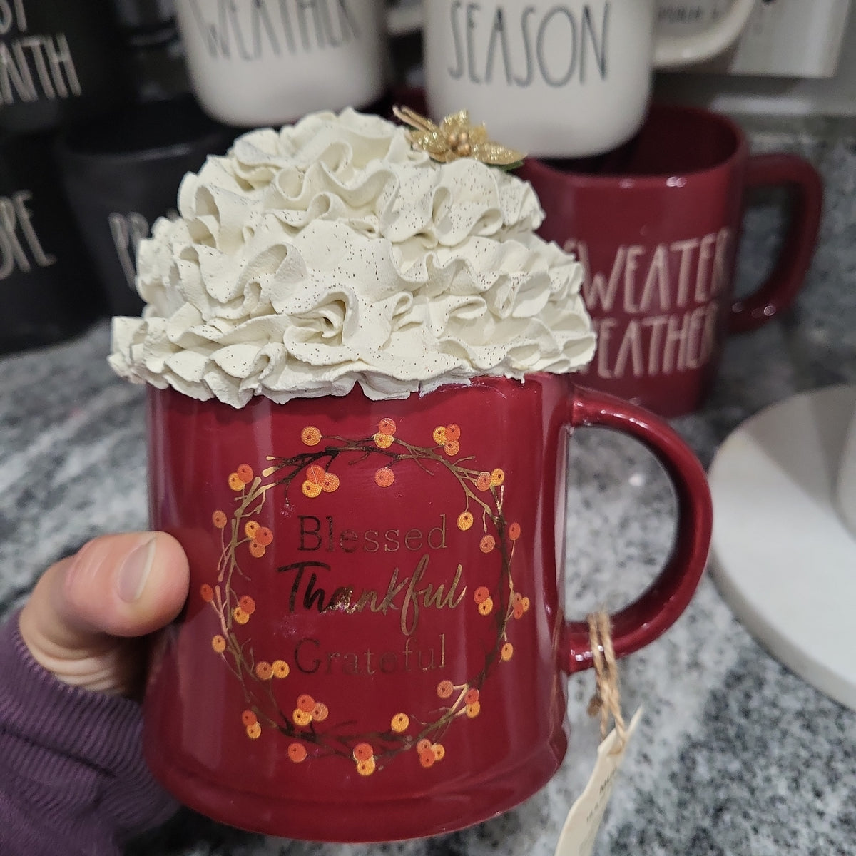 Pip Posh Design Faux Sweet Décor &quot;Blessed, Thankful, Grateful&quot; Mug &amp; Whipped Topper Collection
