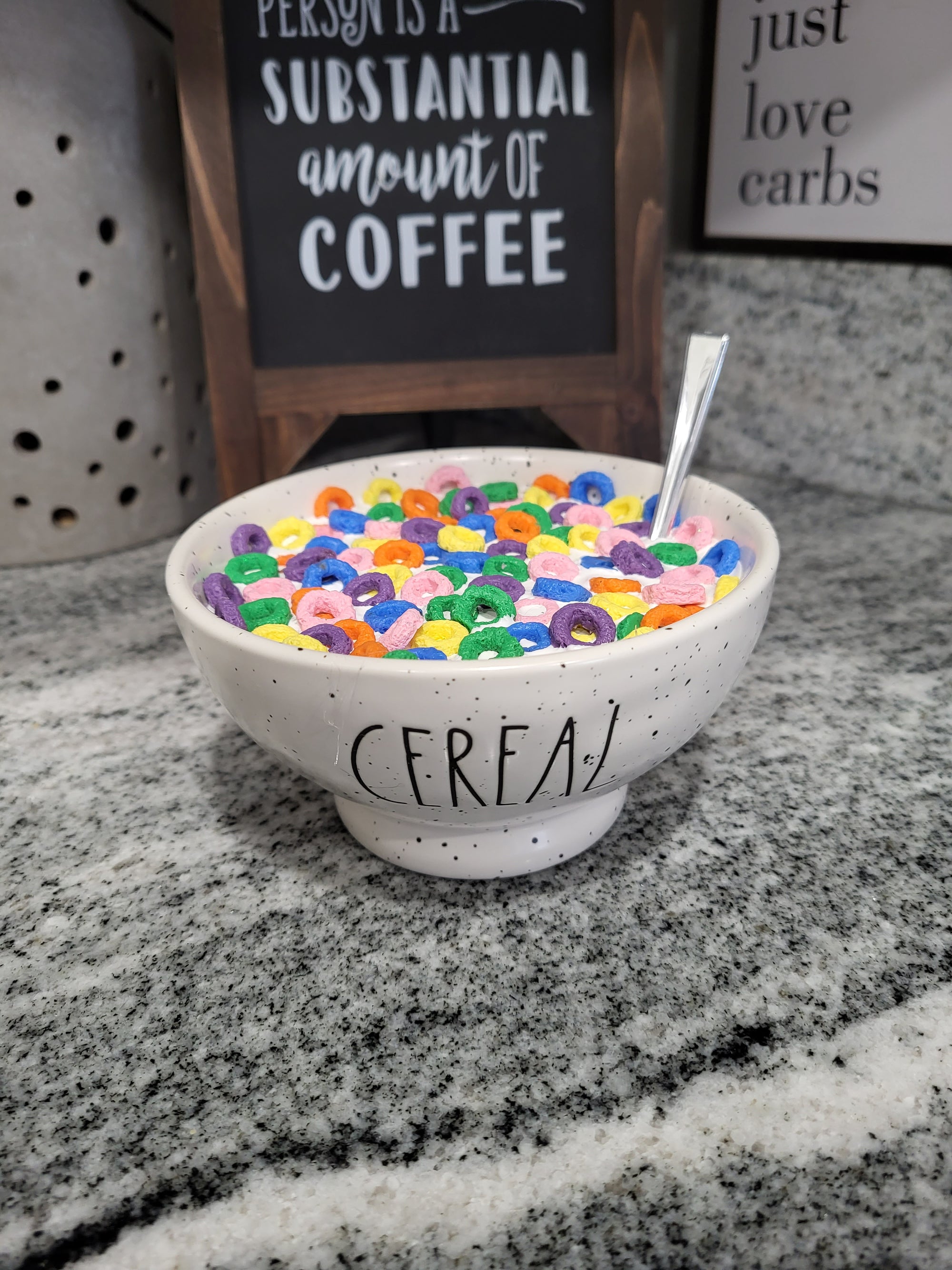 Rae Dunn "Cereal" White Speckled Bowl & Pip Posh Design Faux Sweet Décor Fruit Loop's With Milk Cereal Breakfast Collection