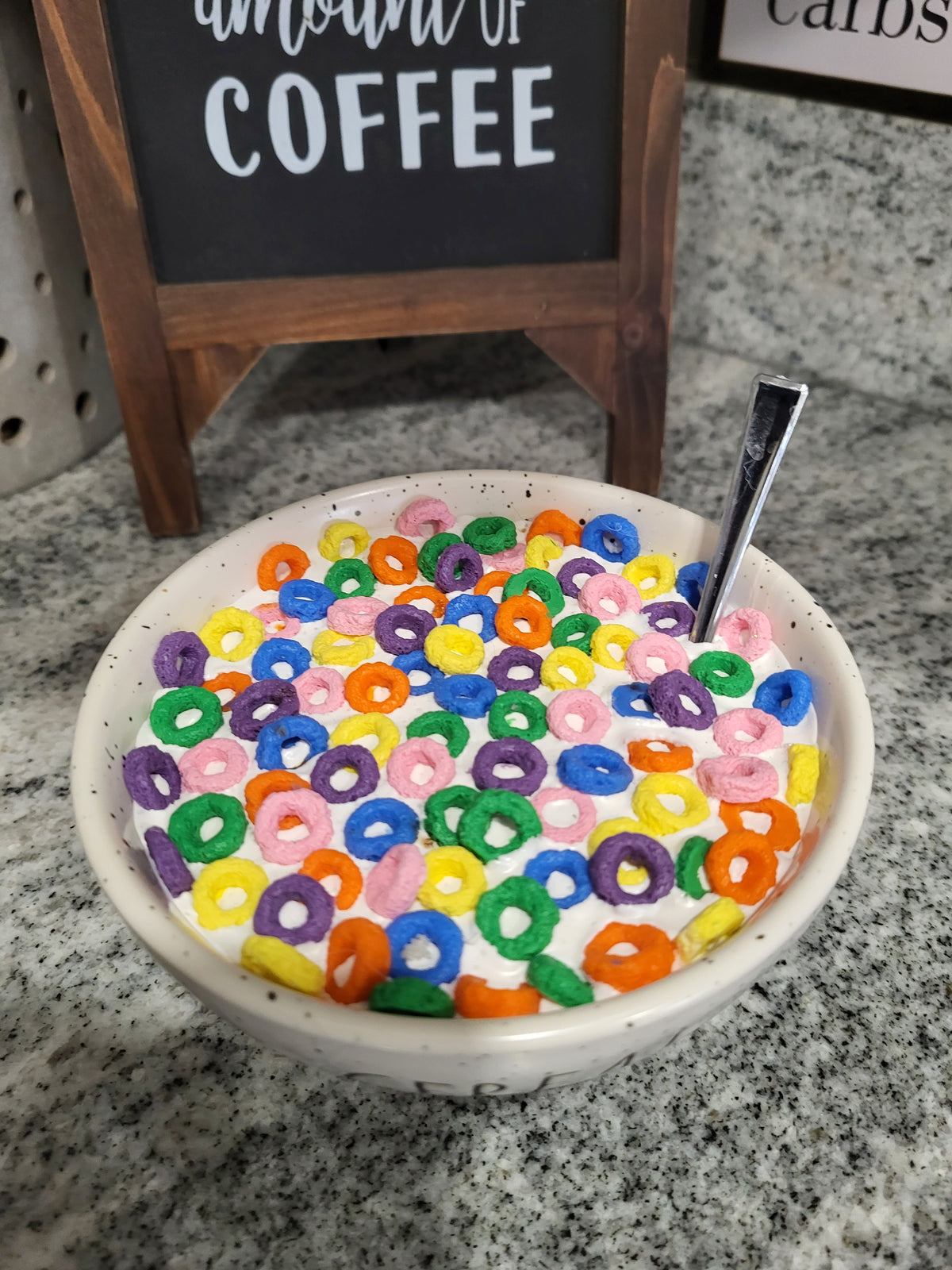 Rae Dunn &quot;Cereal&quot; White Speckled Bowl &amp; Pip Posh Design Faux Sweet Décor Fruit Loop&#39;s With Milk Cereal Breakfast Collection