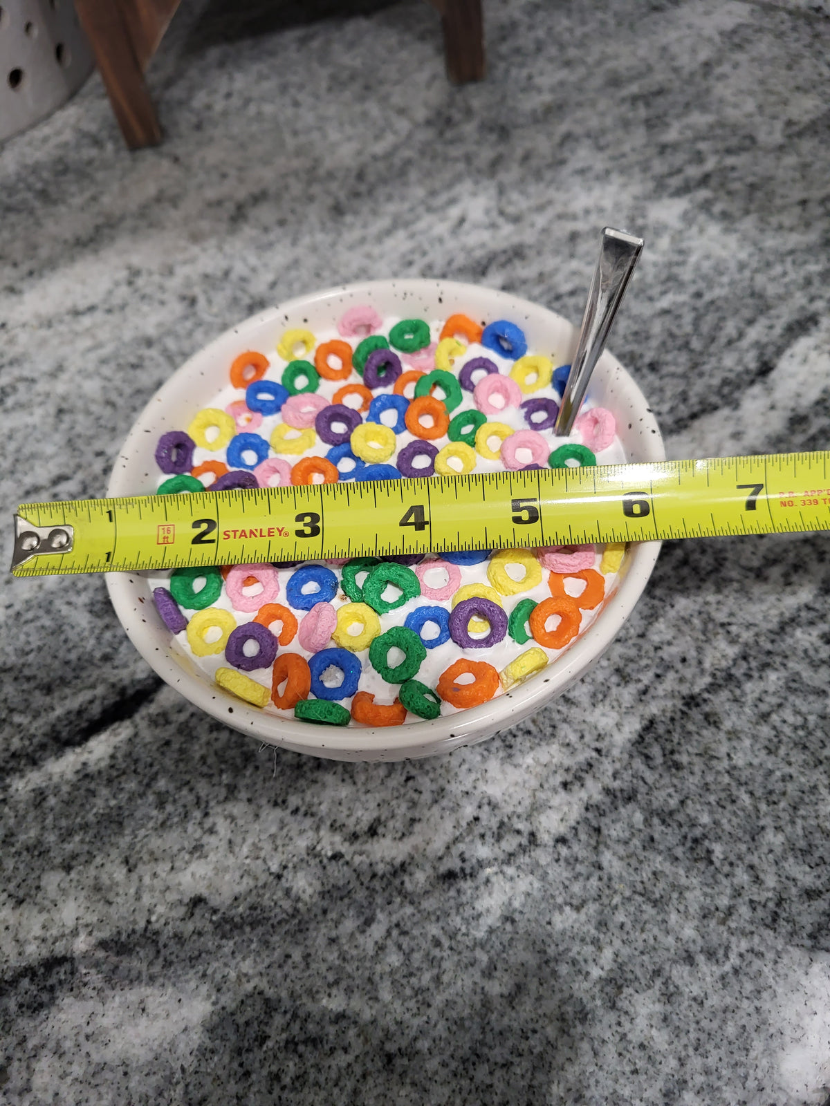 Rae Dunn &quot;Cereal&quot; White Speckled Bowl &amp; Pip Posh Design Faux Sweet Décor Fruit Loop&#39;s With Milk Cereal Breakfast Collection