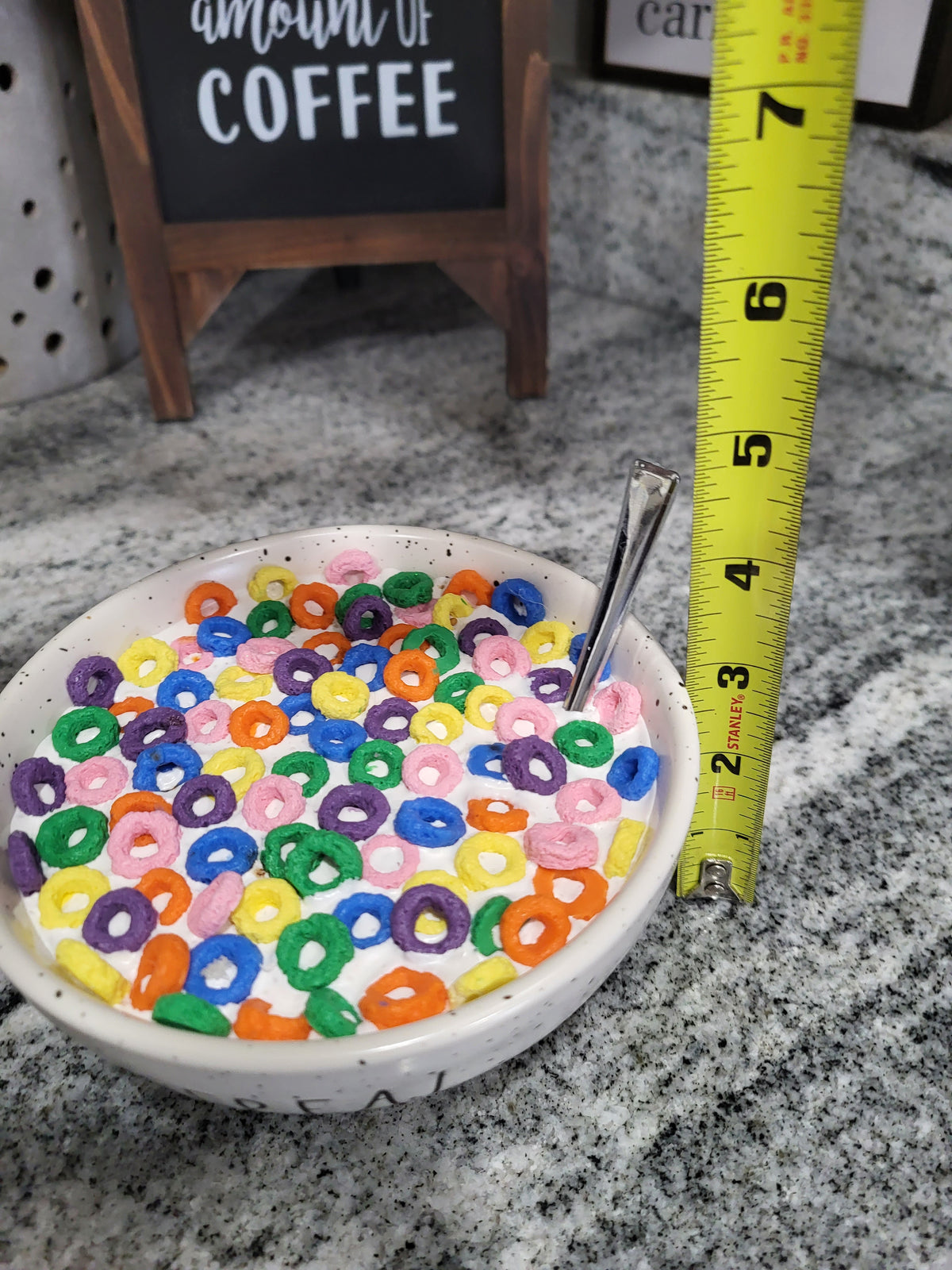 Rae Dunn &quot;Cereal&quot; White Speckled Bowl &amp; Pip Posh Design Faux Sweet Décor Fruit Loop&#39;s With Milk Cereal Breakfast Collection