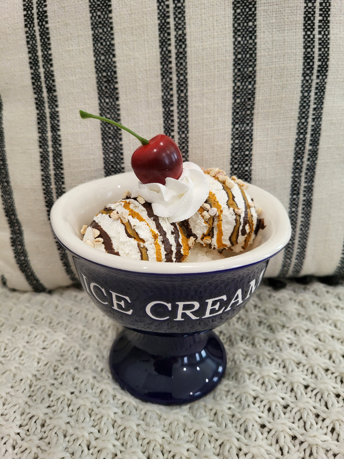 Pip Posh Design Faux Sweet Décor Whipped Cherry Vanilla Ice Cream Topper &amp; Navy Blue Ice Cream Dish Dessert Collection
