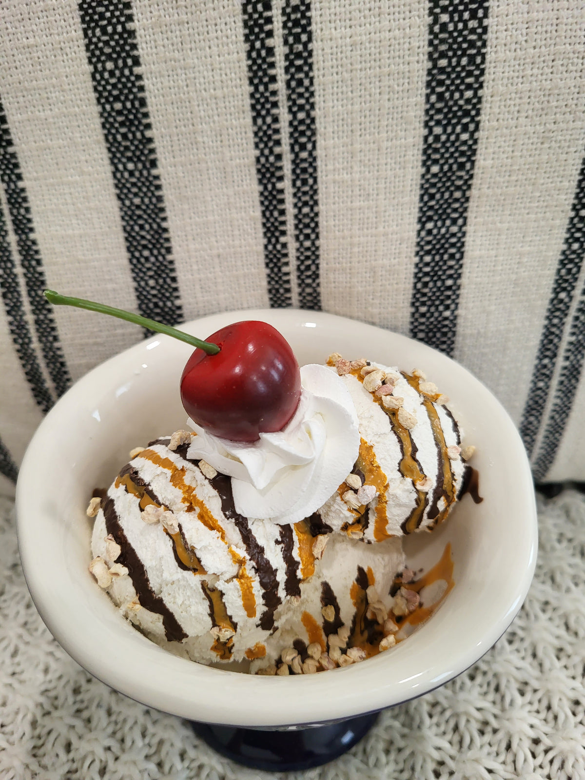 Pip Posh Design Faux Sweet Décor Whipped Cherry Vanilla Ice Cream Topper &amp; Navy Blue Ice Cream Dish Dessert Collection