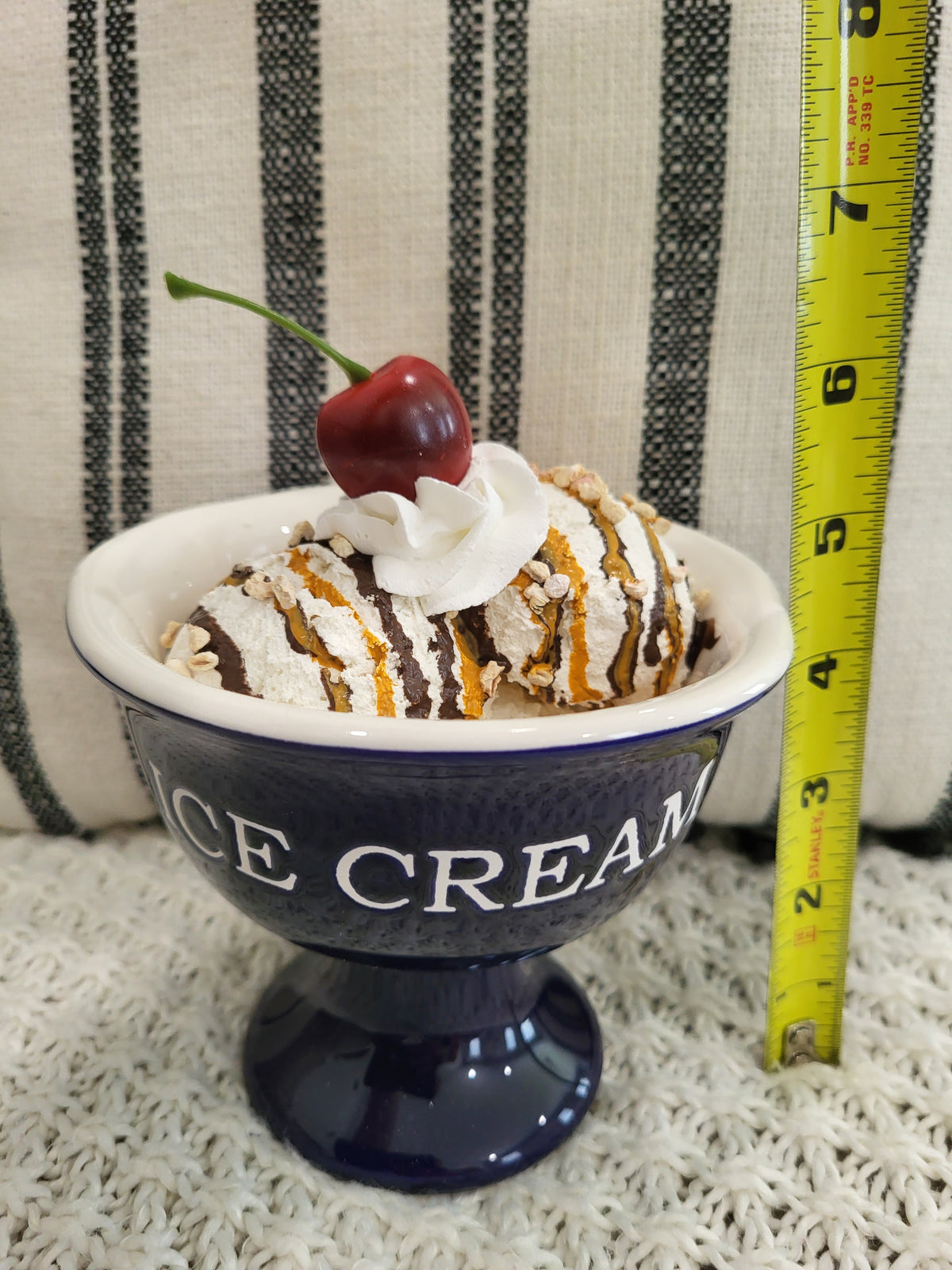 Pip Posh Design Faux Sweet Décor Whipped Cherry Vanilla Ice Cream Topper &amp; Navy Blue Ice Cream Dish Dessert Collection