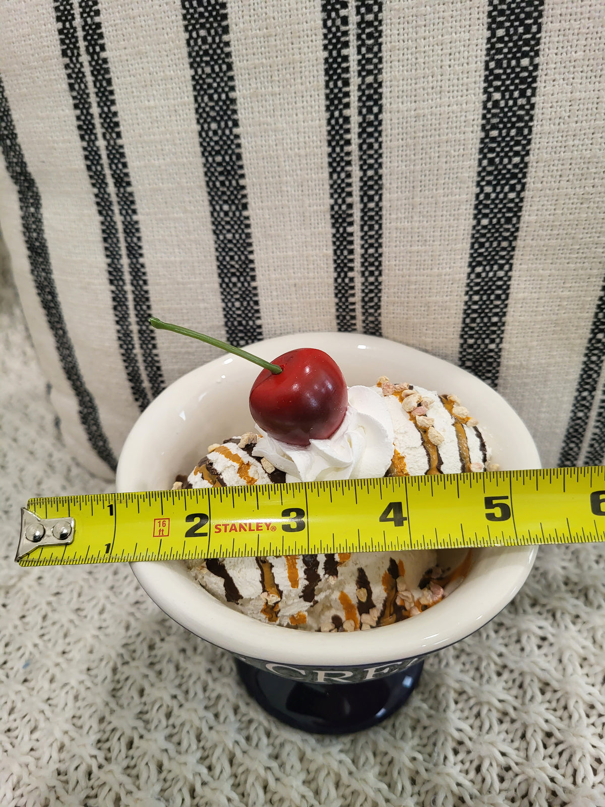 Pip Posh Design Faux Sweet Décor Whipped Cherry Vanilla Ice Cream Topper &amp; Navy Blue Ice Cream Dish Dessert Collection