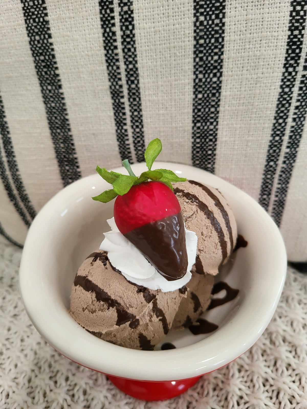 Pip Posh Design Faux Sweet Décor Whipped Strawberry Chocolate Ice Cream &amp; Red Ice Cream Dish Dessert Collection