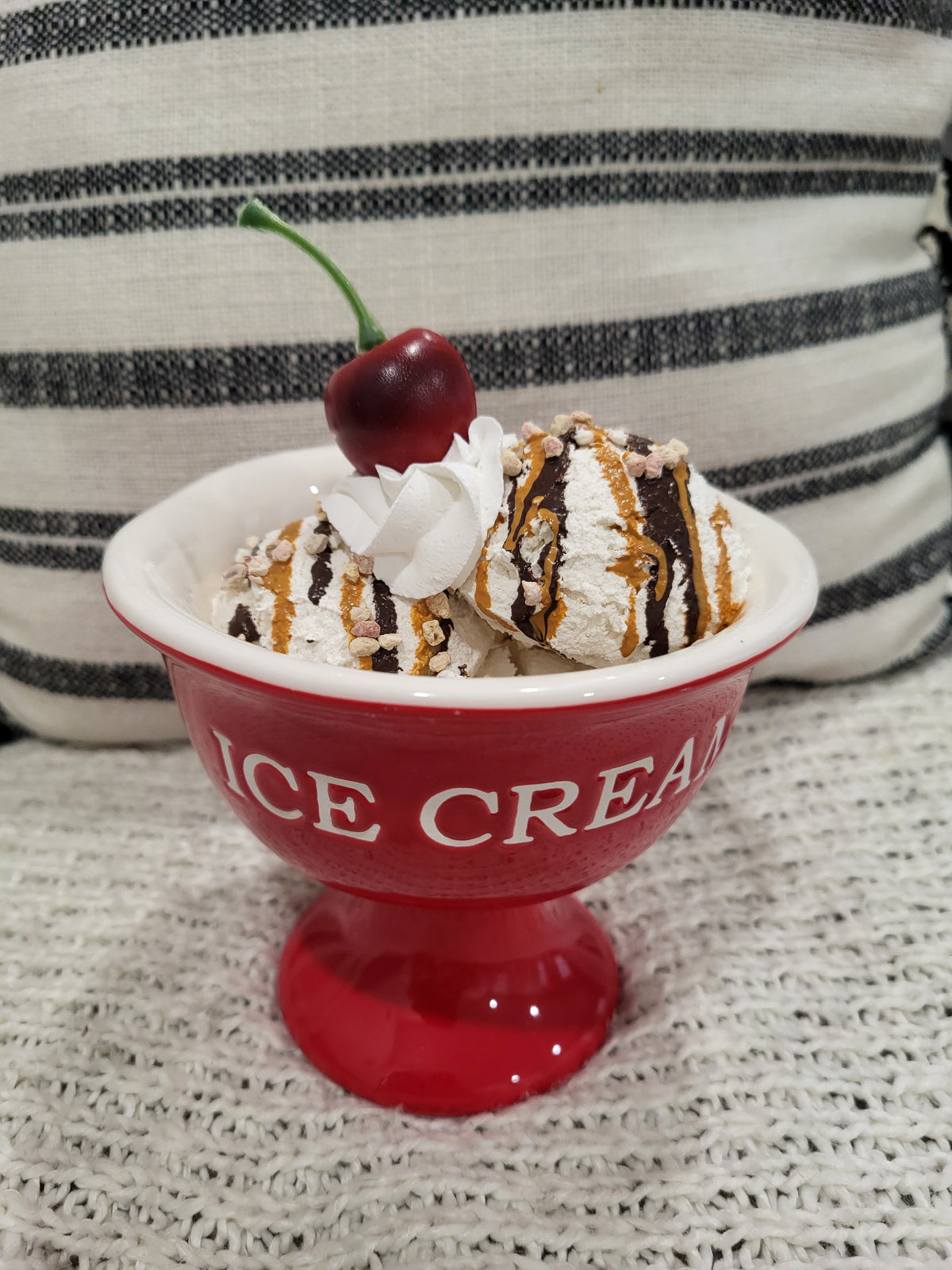 Pip Posh Design Faux Sweet Décor Whipped Cherry Vanilla Caramel Chocolate Drizzle Ice Cream &amp; Red Ice Cream Dish Dessert Collection