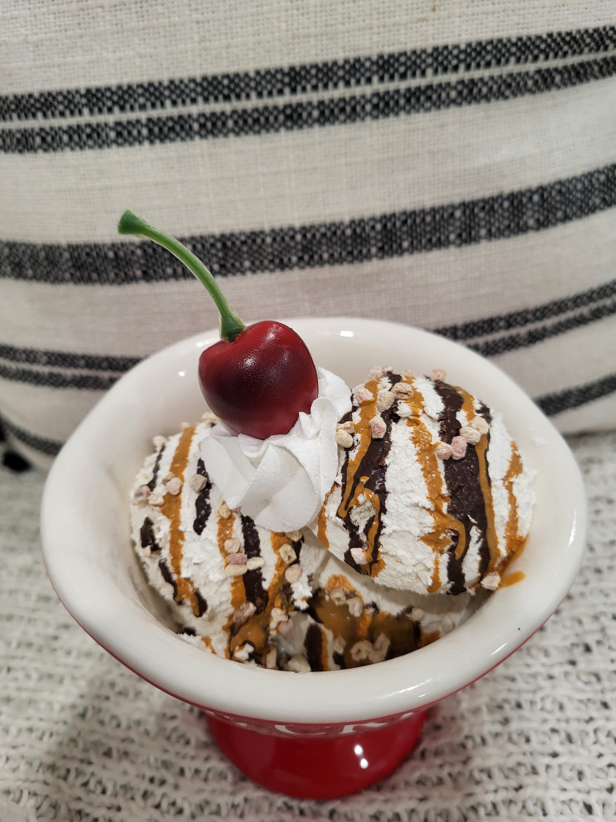Pip Posh Design Faux Sweet Décor Whipped Cherry Vanilla Caramel Chocolate Drizzle Ice Cream &amp; Red Ice Cream Dish Dessert Collection