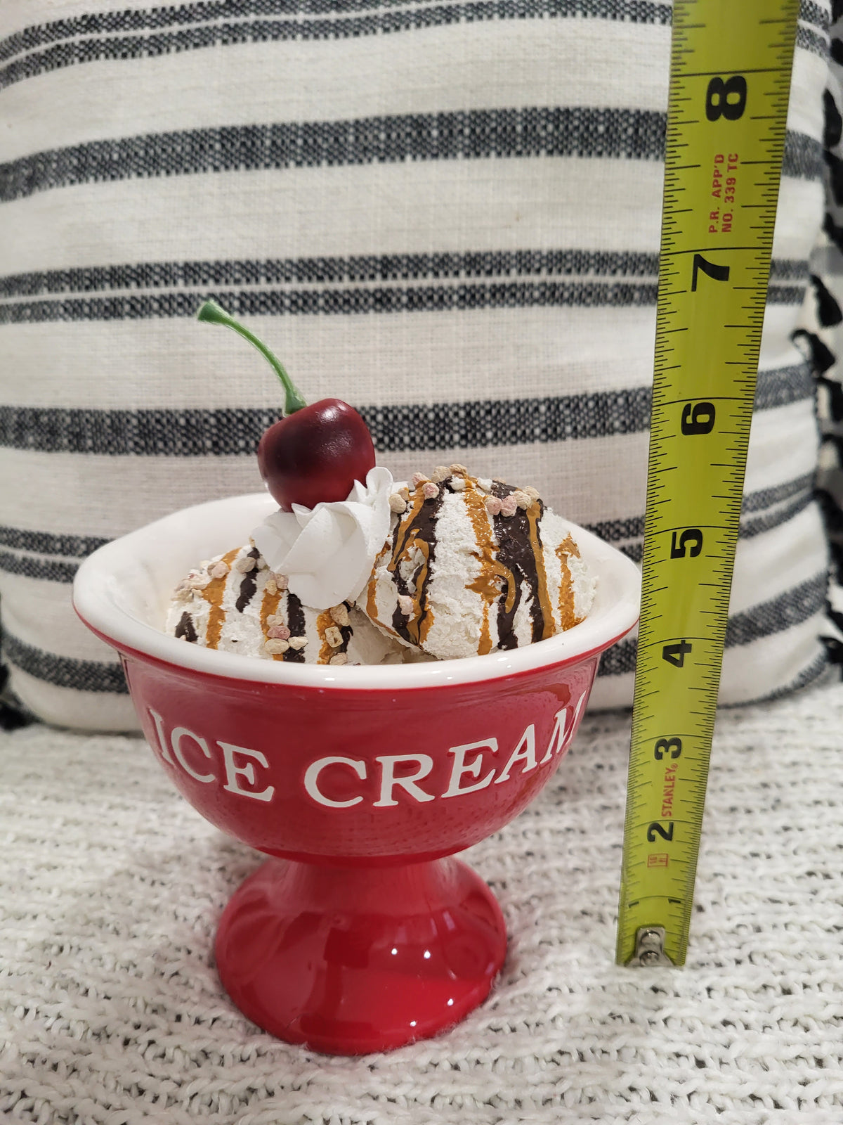 Pip Posh Design Faux Sweet Décor Whipped Cherry Vanilla Caramel Chocolate Drizzle Ice Cream &amp; Red Ice Cream Dish Dessert Collection