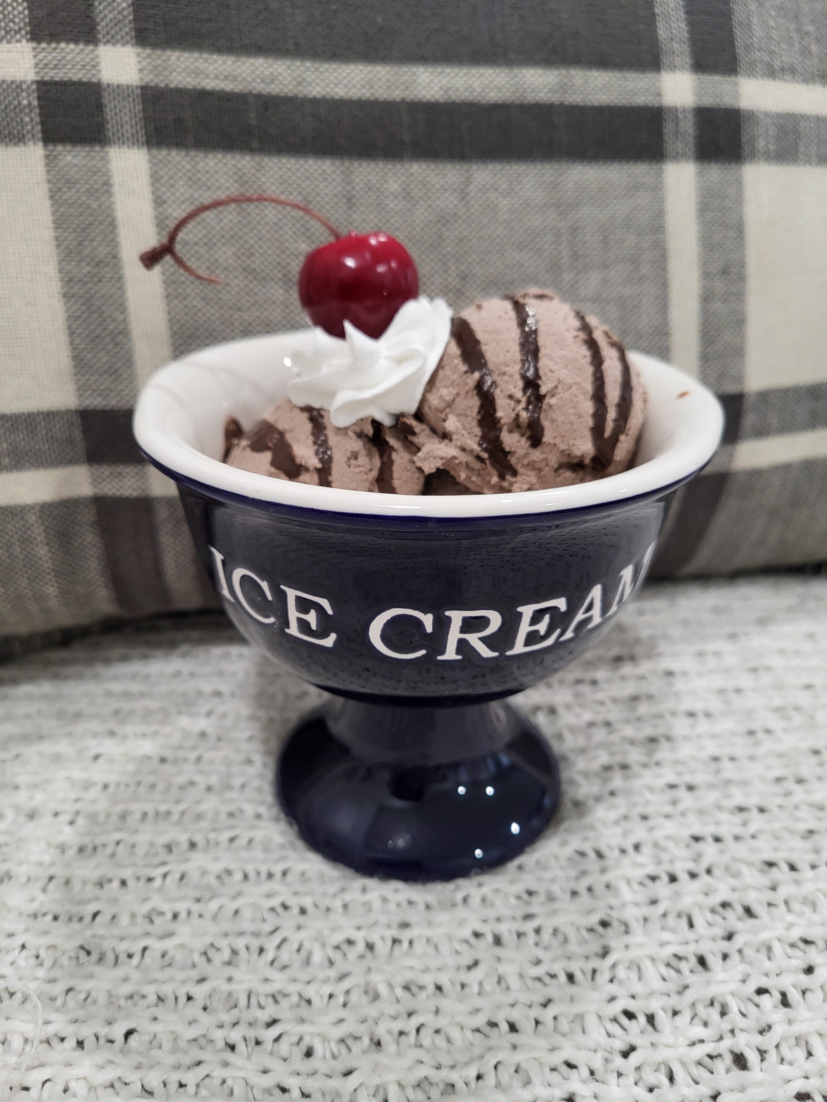 Pip Posh Design Faux Sweet Décor Whipped Cherry Chocolate Ice Cream Topper &amp; Navy Blue Ice Cream Dish Dessert Collection
