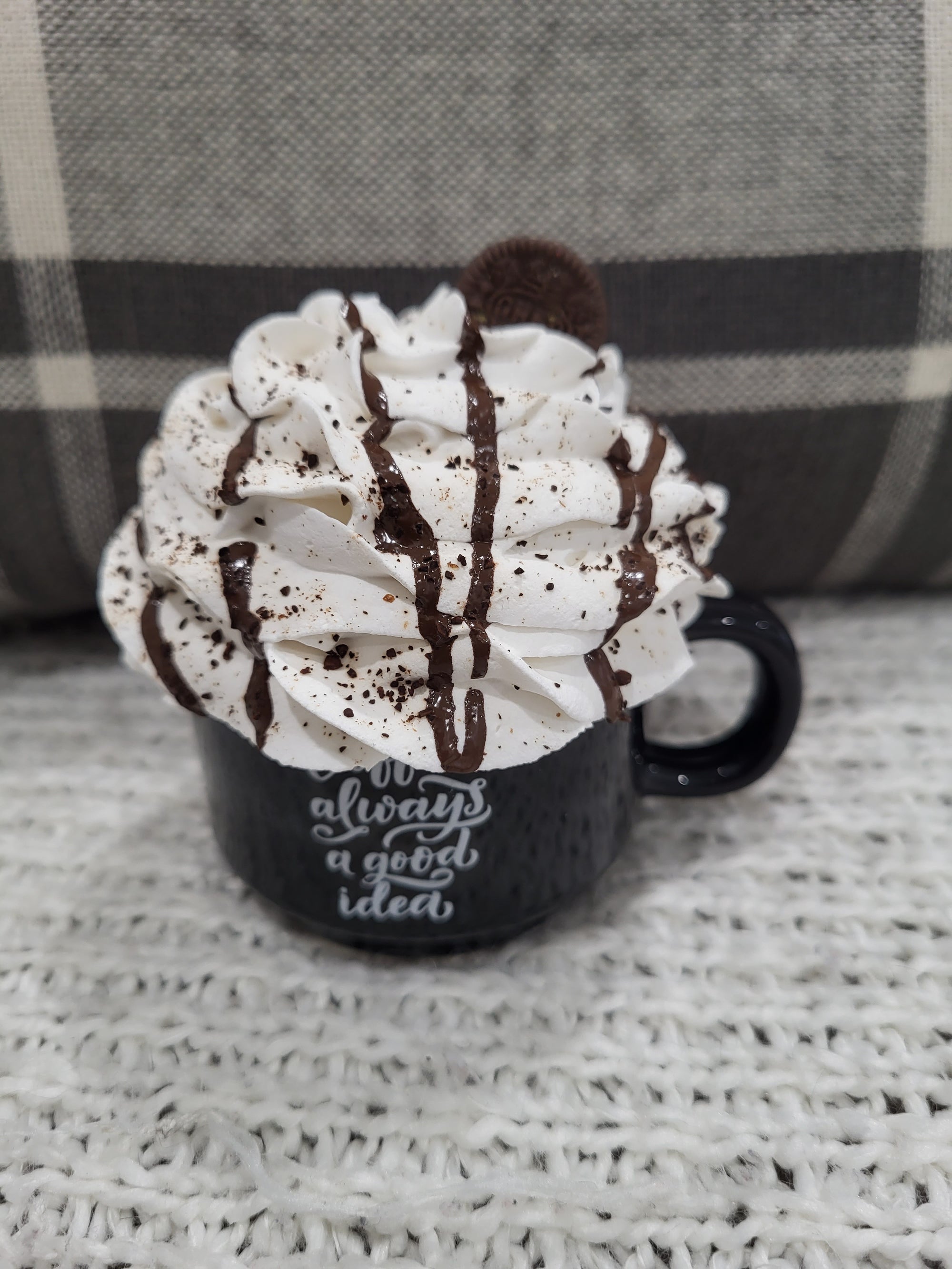 Pip Posh Design Faux Sweet Décor "Coffee Is Always A Good Idea" Mini Black Mug & White Whipped Cookie Topper Coffee Collection