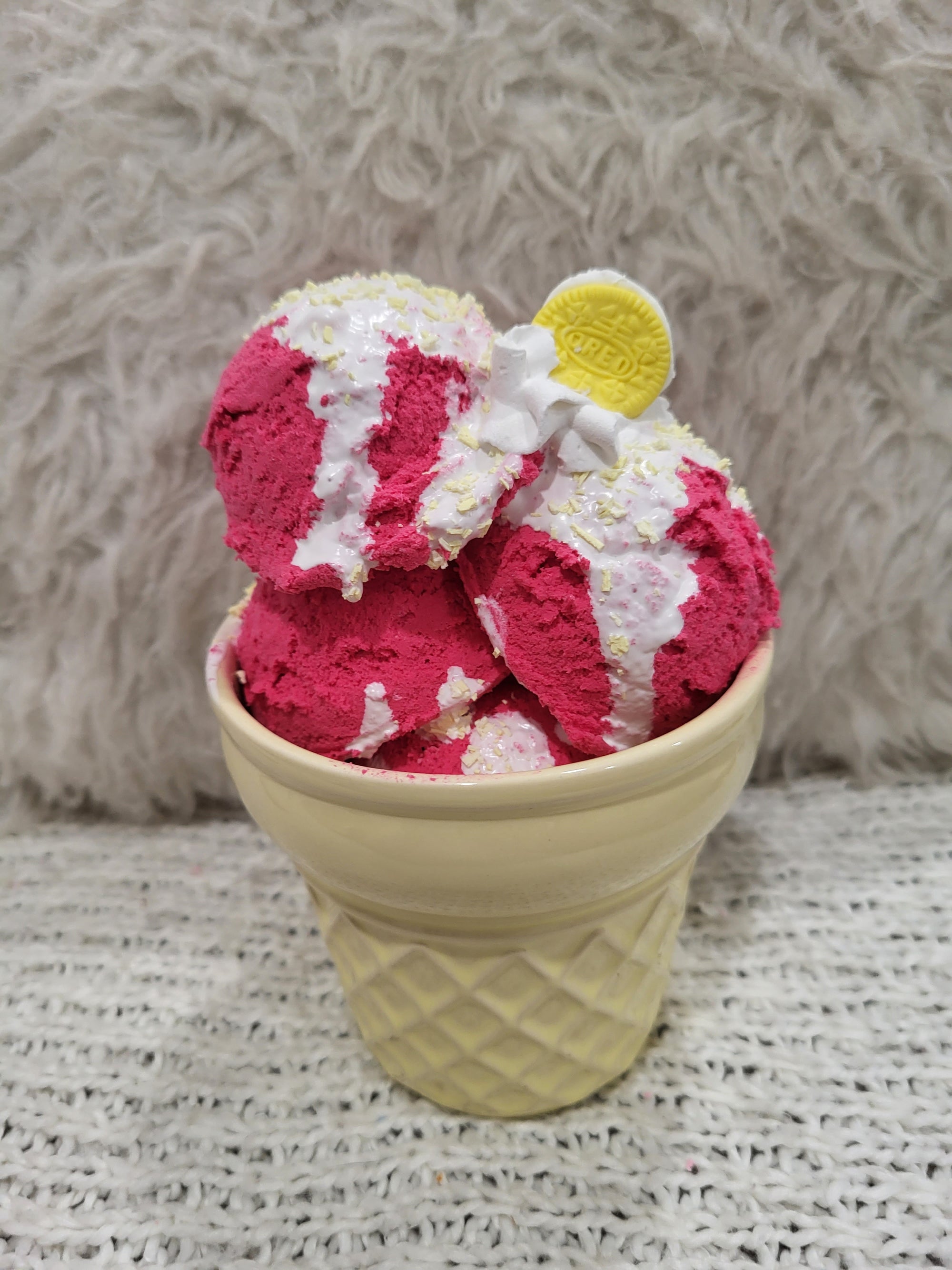 Pip Posh Design Faux Sweet Décor Yellow Cone & Raspberry Vanilla Drizzle Ice Cream  Dessert Collection