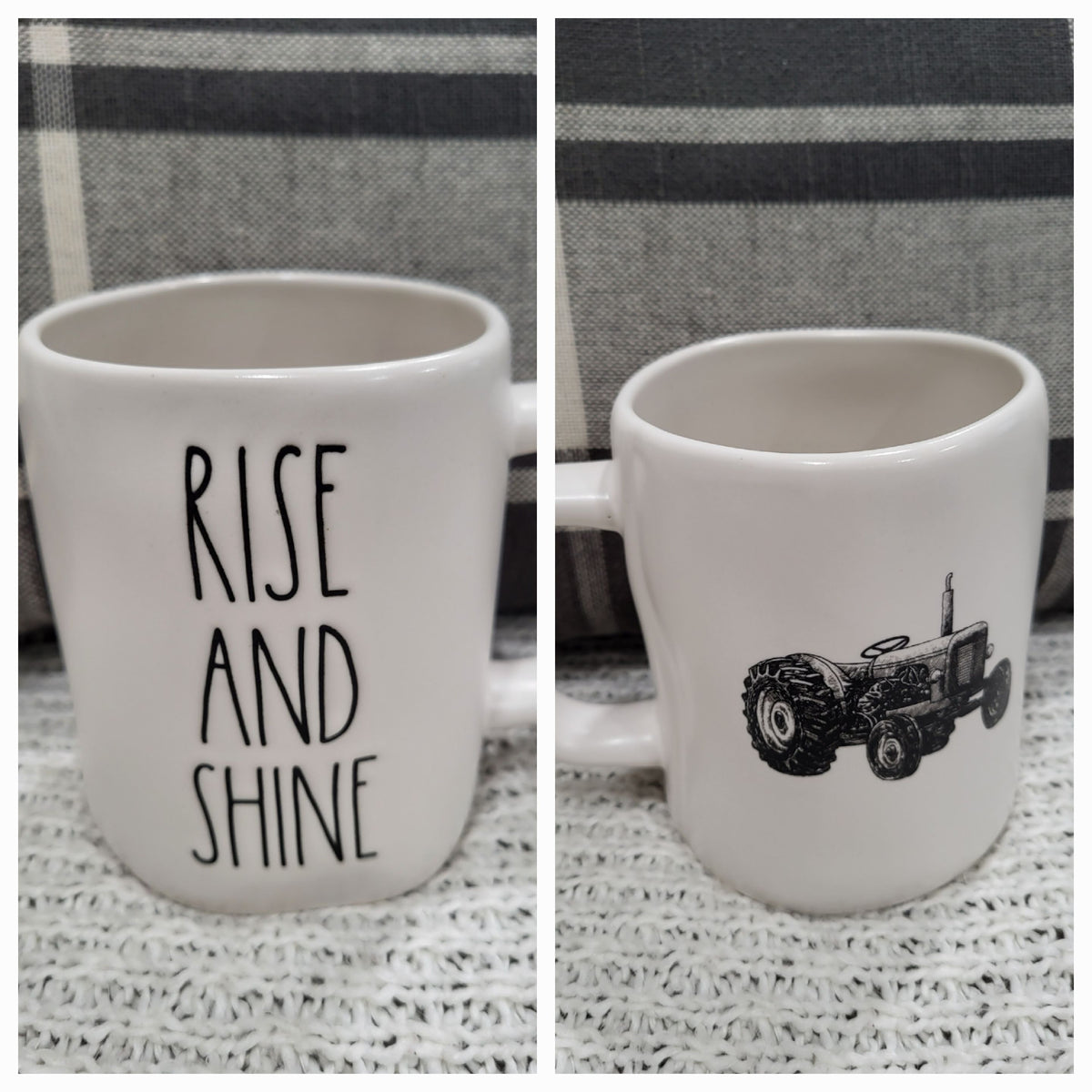 Rae Dunn &quot;Rise &amp; Shine&quot; Tractor Double Sided White Mug Icon Farm House Collection