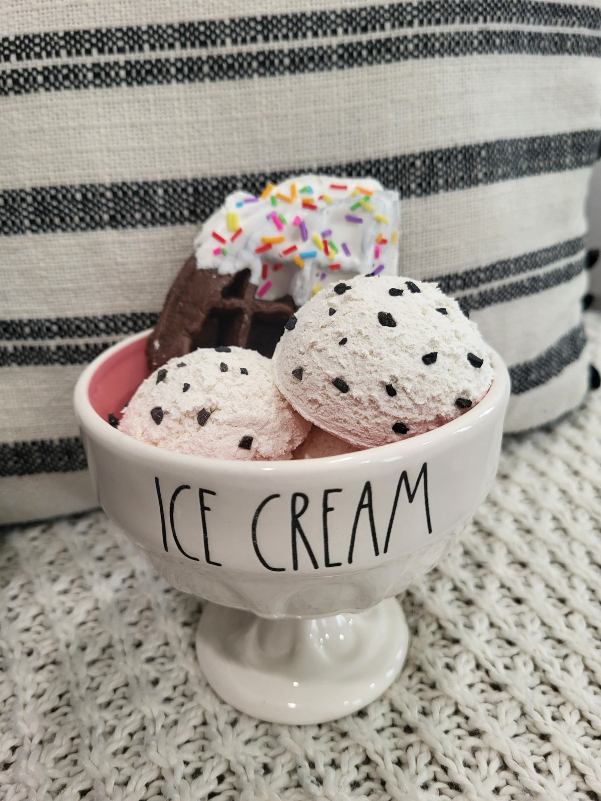 Rae Dunn &quot;Ice Cream&quot; White Dish &amp; Pip Posh Design Faux Sweet Décor Cookie&#39;s N&#39; Cream Ice Cream Confetti Waffle Dessert Collection
