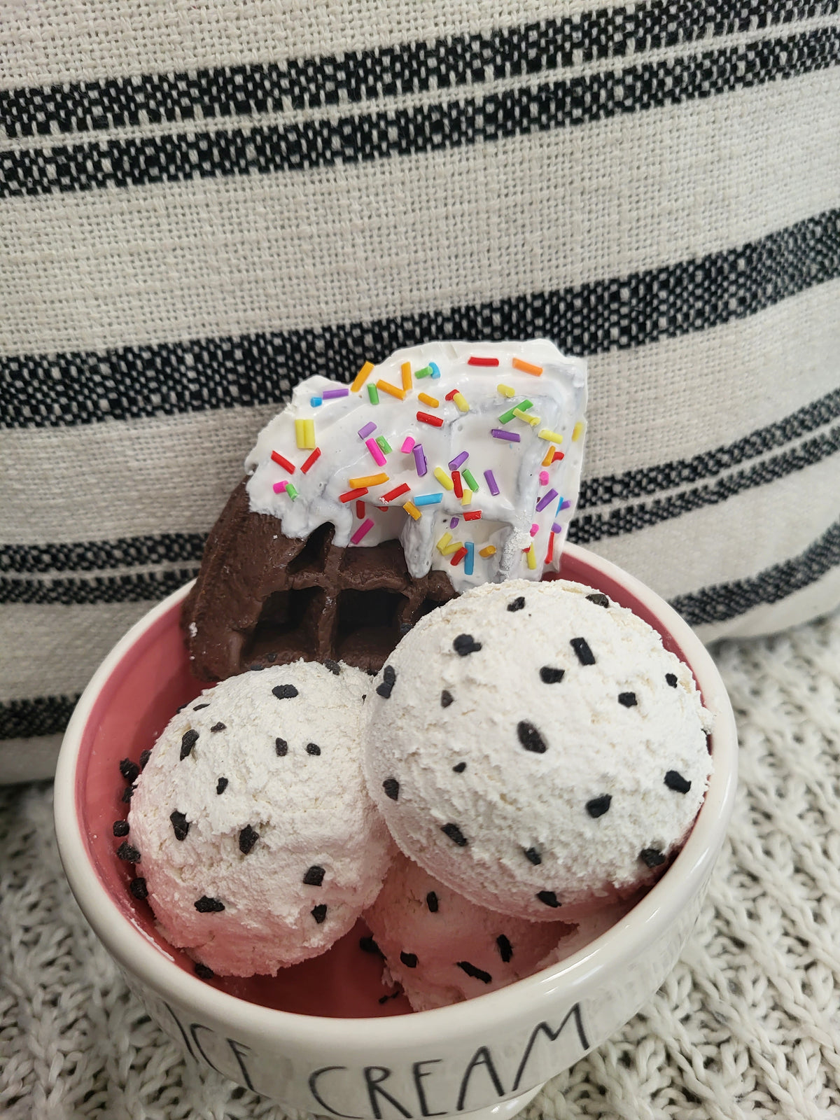 Rae Dunn &quot;Ice Cream&quot; White Dish &amp; Pip Posh Design Faux Sweet Décor Cookie&#39;s N&#39; Cream Ice Cream Confetti Waffle Dessert Collection