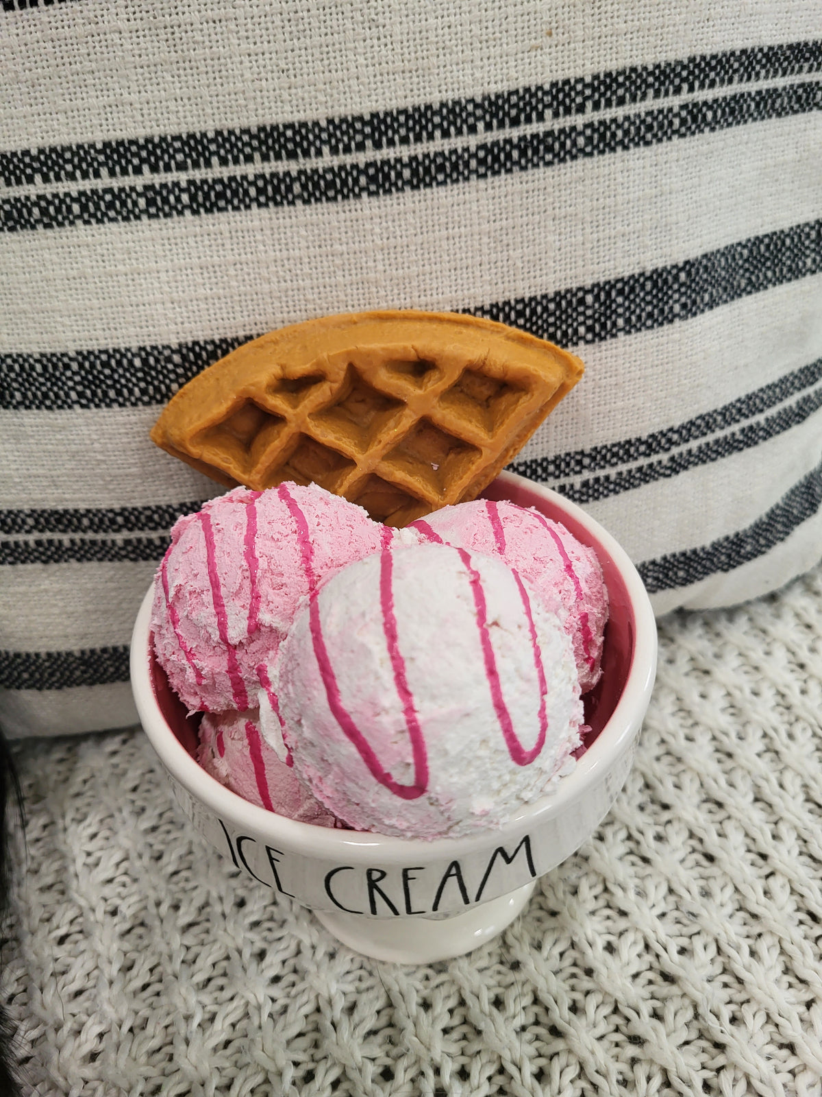 Rae Dunn &quot;Ice Cream&quot; White Dish &amp; Pip Posh Design Faux Sweet Décor Waffle Strawberry Vanilla Ice Cream Dessert