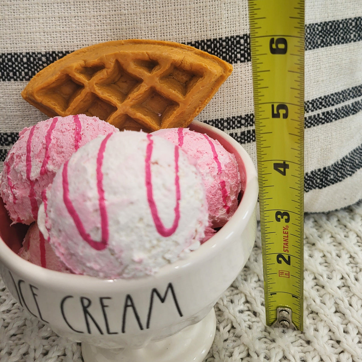 Rae Dunn &quot;Ice Cream&quot; White Dish &amp; Pip Posh Design Faux Sweet Décor Waffle Strawberry Vanilla Ice Cream Dessert