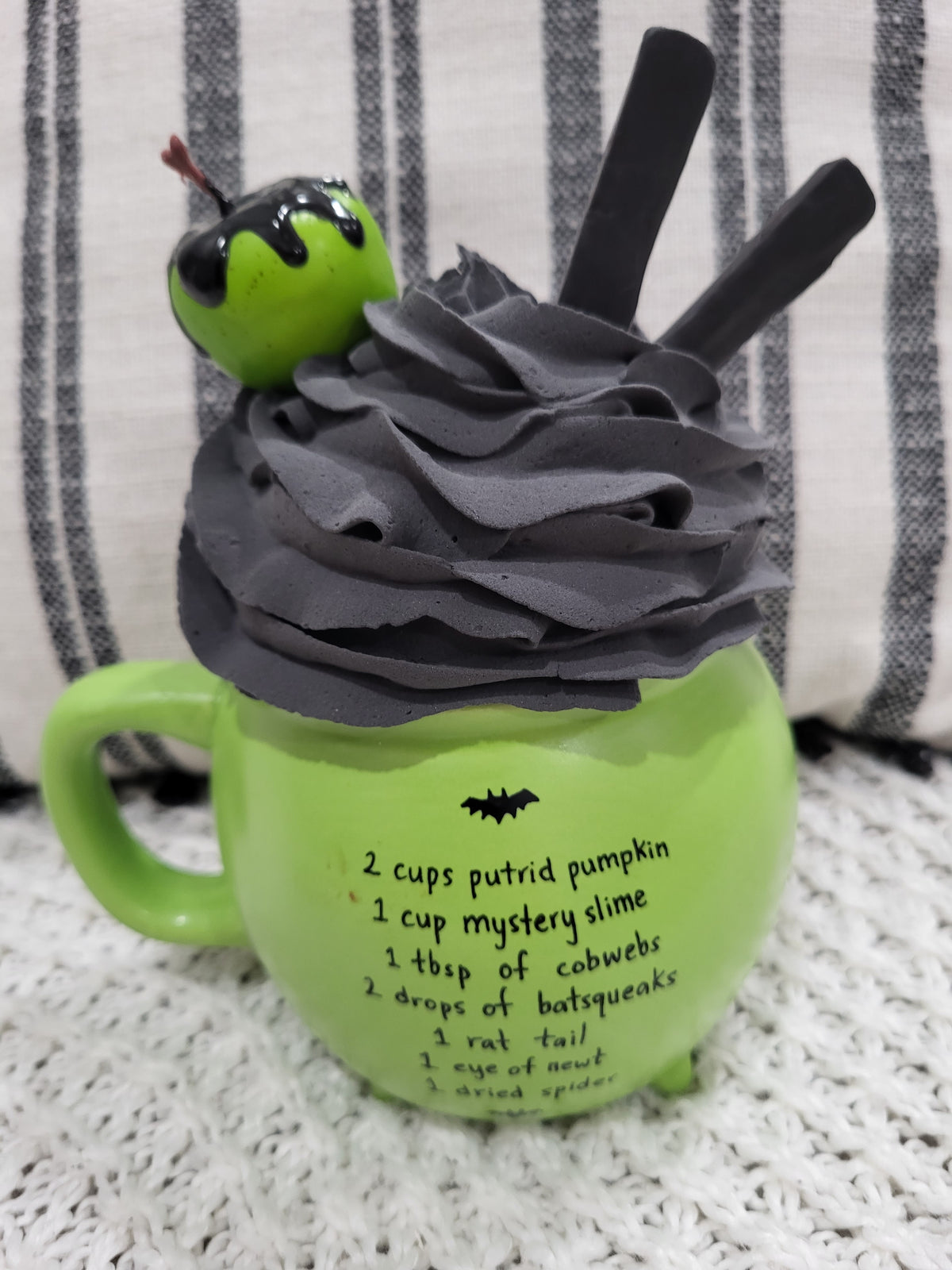 Rae Dunn &quot;Witch&#39;s Brew&quot; Double Sided Green Cauldron Mug &amp; Pip Posh Design Faux Sweet Décor Poison Apple Whipped Topper Halloween Collection