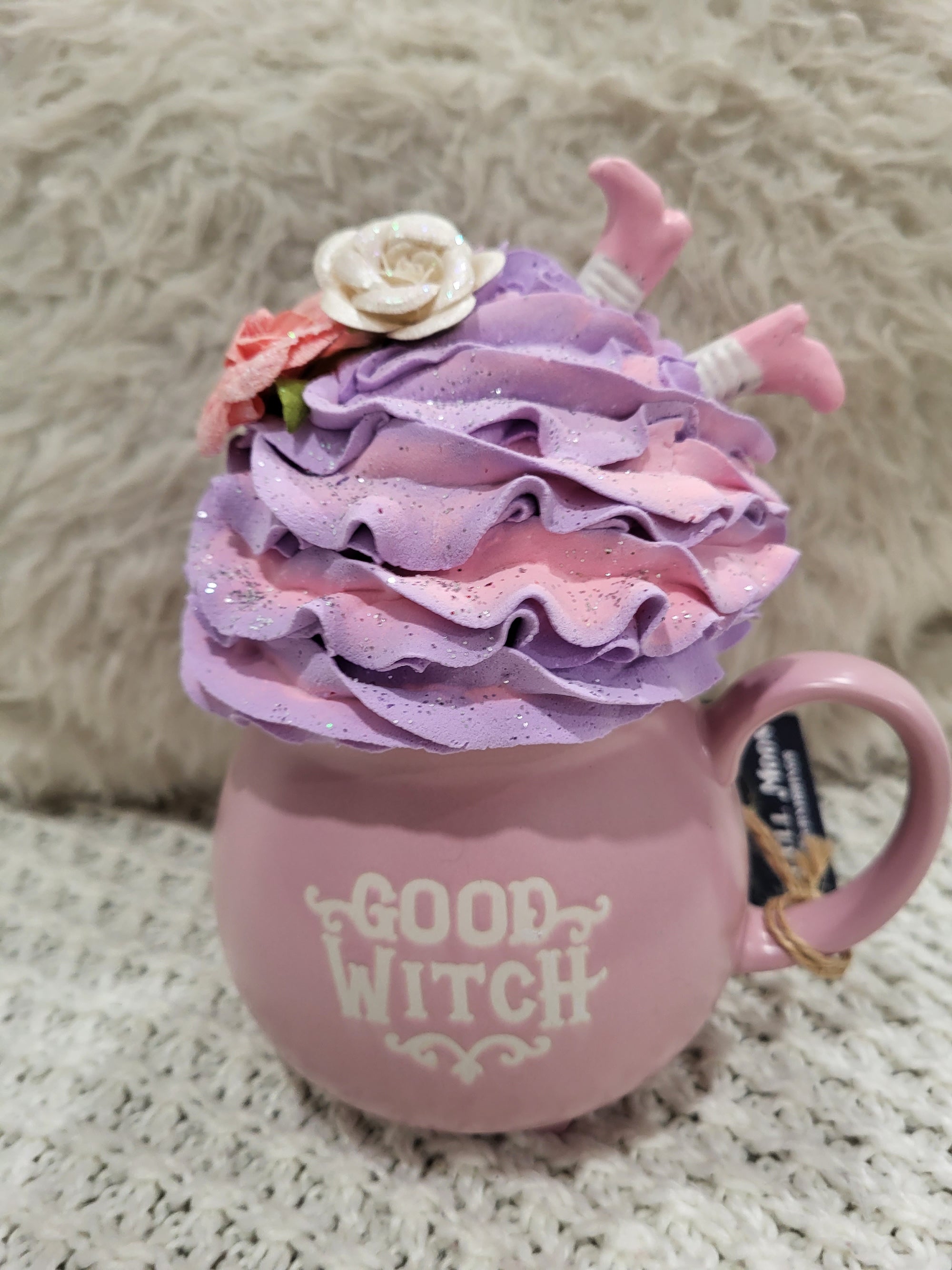 Pip Posh Design Faux Sweet Décor "Good Witch" Pink Cauldron Mug & Whipped Topper Halloween Collection