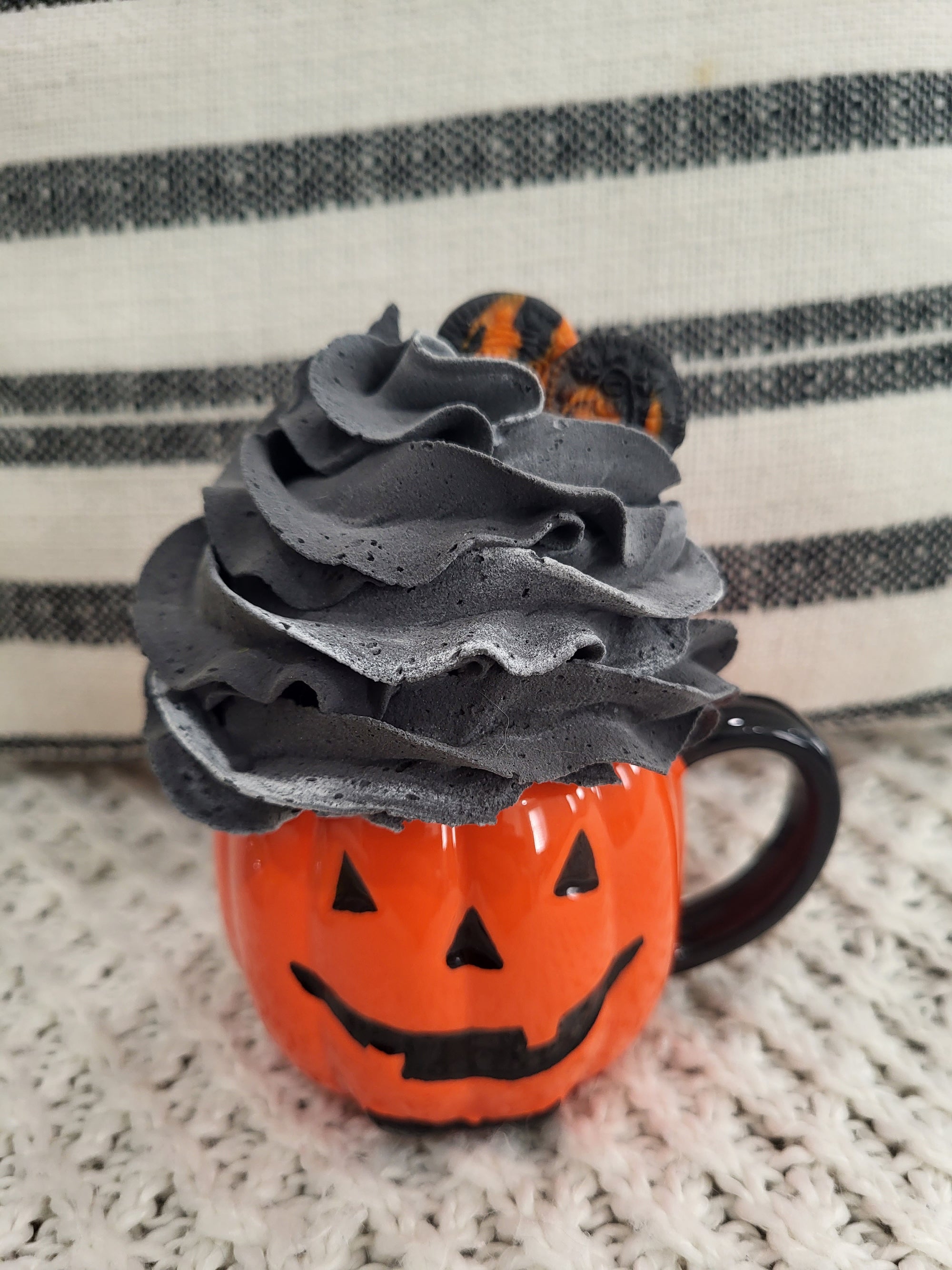 Pip Posh Design Faux Sweet Décor Mini Orange Pumpkin Mug & Black Whipped Topper Halloween Collection