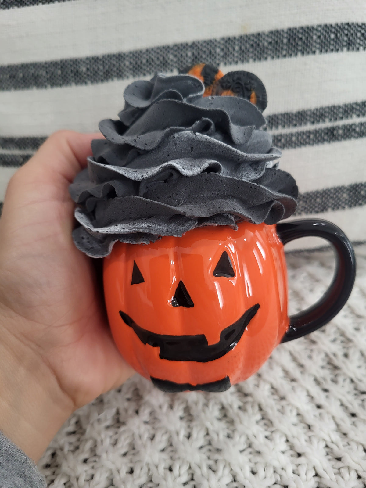Pip Posh Design Faux Sweet Décor Mini Orange Pumpkin Mug &amp; Black Whipped Topper Halloween Collection
