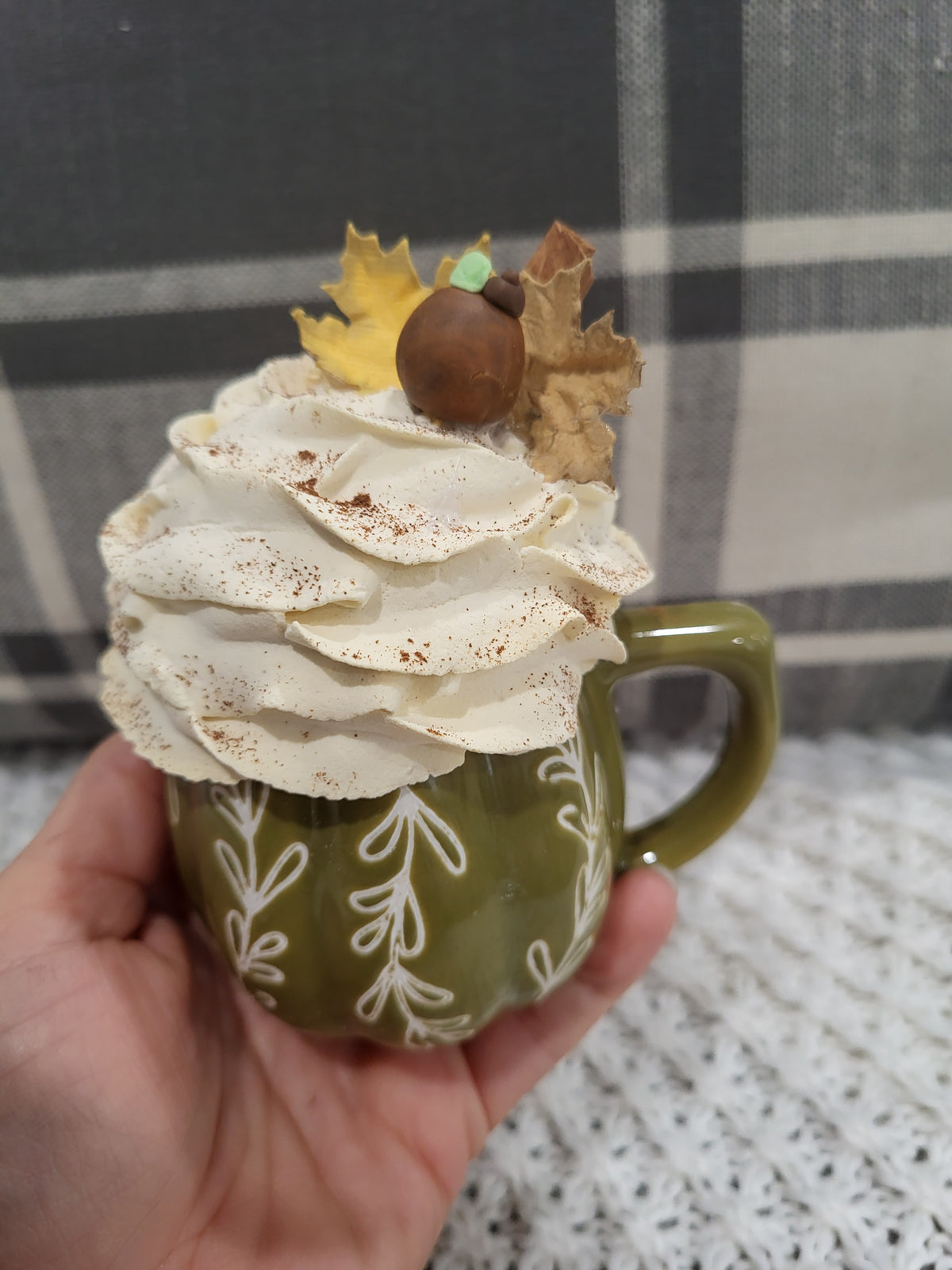 Pip Posh Design Faux Sweet Décor Mini Green Fall Mug &amp; Whipped Ivory Pumpkin Leaves Topper Fall Collection