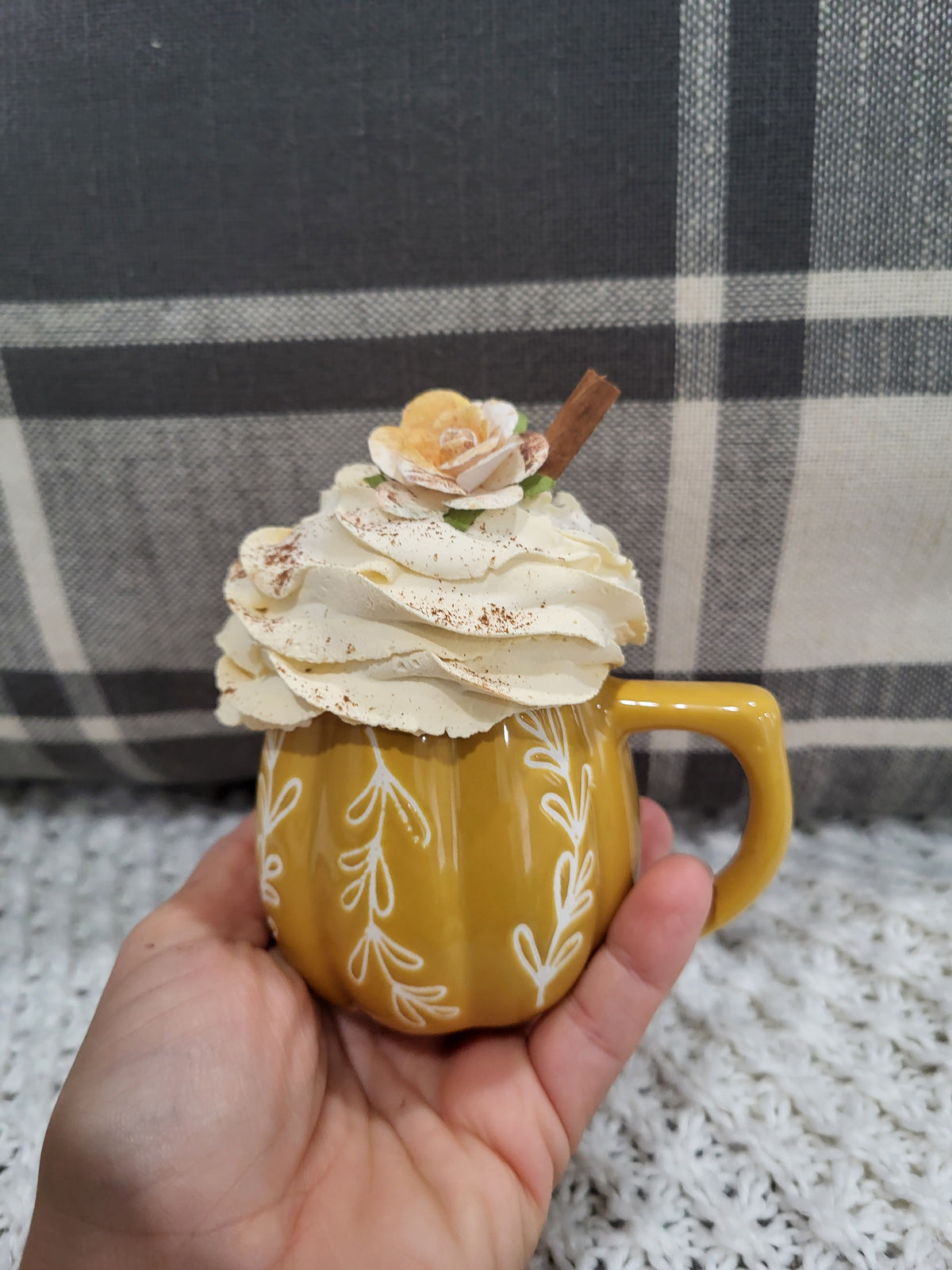 Pip Posh Design Faux Sweet Décor Mini Yellow Fall Mug &amp; Whipped Ivory Cinnamon Topper Fall Collection