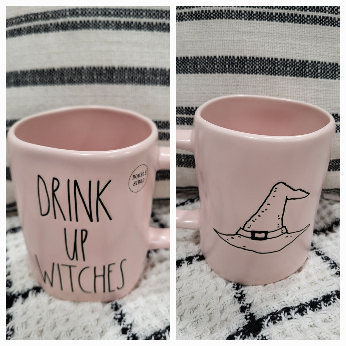 Rae Dunn &quot;Drink Up Witches&quot; Witches Hat Double Sided Powder Pink Mug Halloween Collection