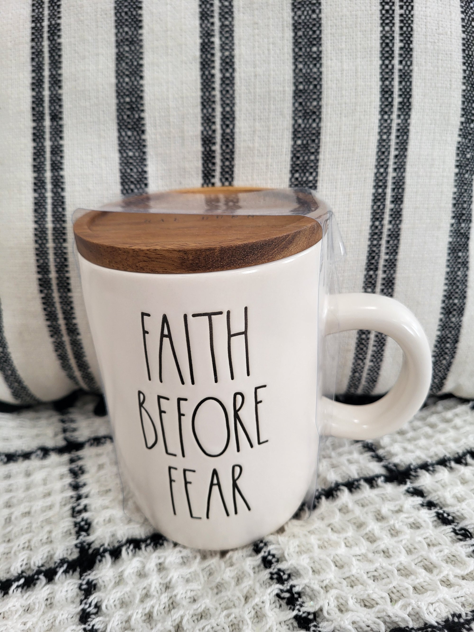 Rae Dunn "Faith Before Fear" White Mug & Wooden Lid Warmer Faith Collection