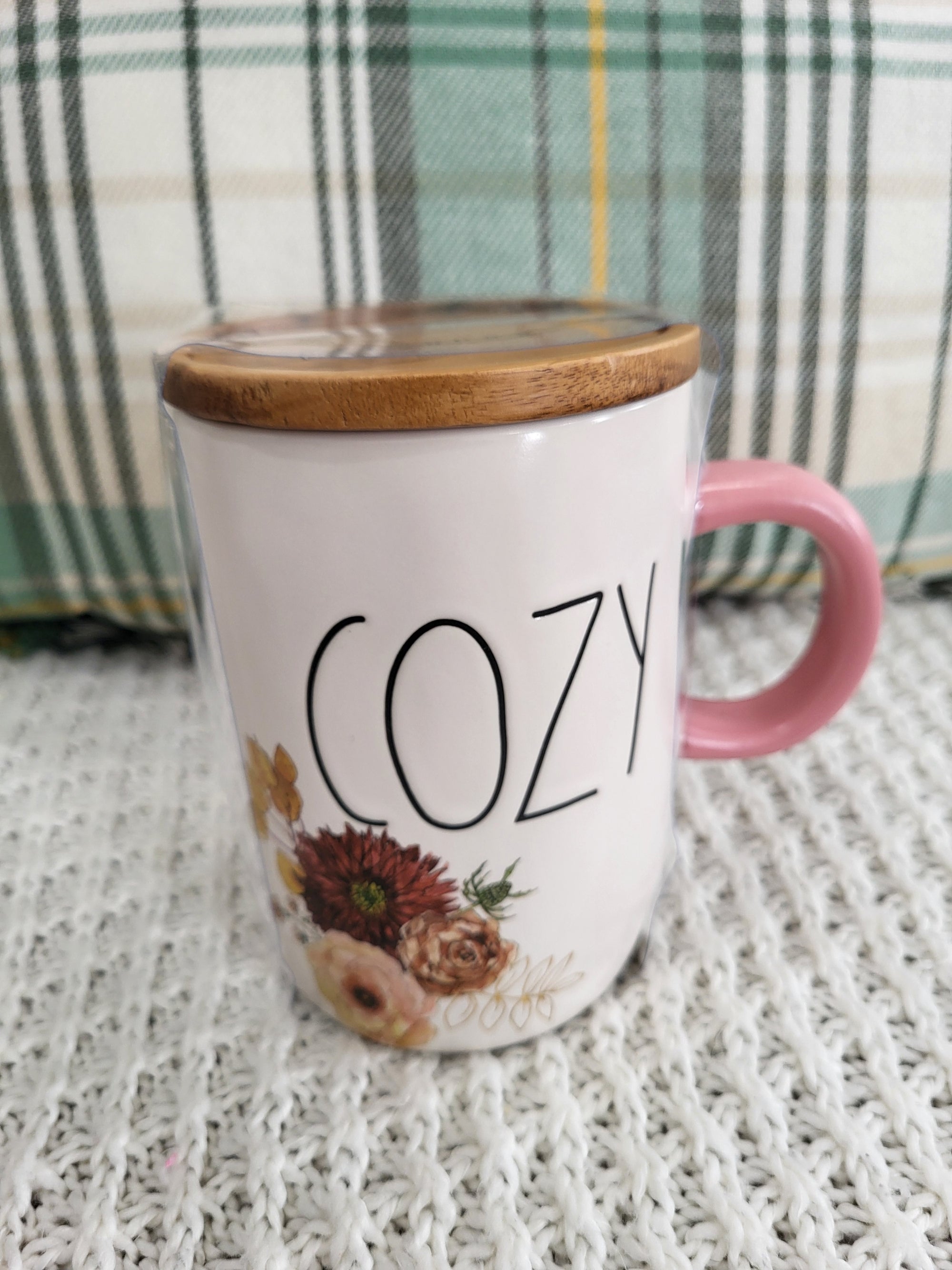 Rae Dunn "Cozy" Harvest Flowers Mug & Wooden Lid Warmer Fall Collection