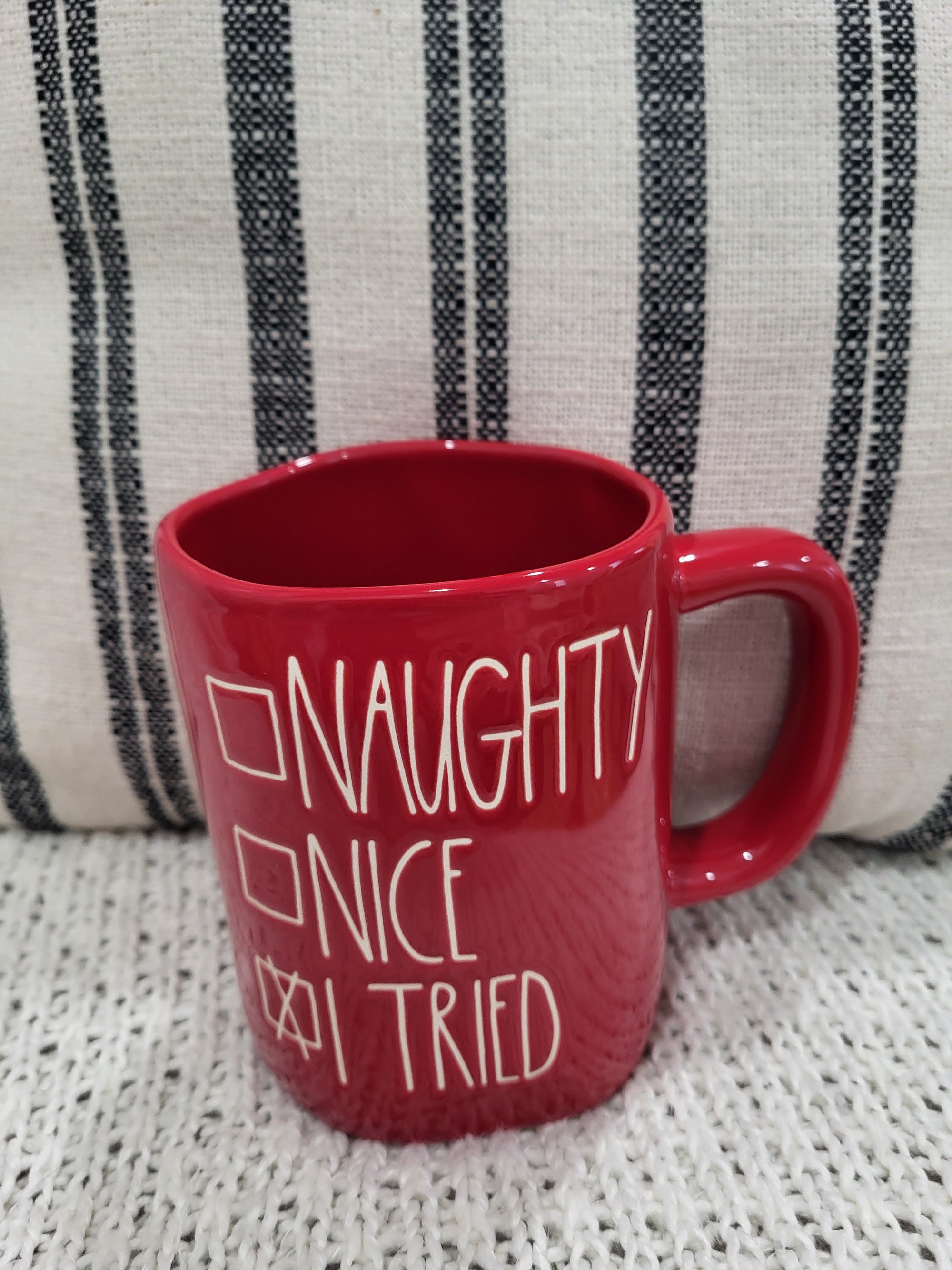 Rae Dunn "Naughty, Nice, I Tired" Red Mug Holiday Collection