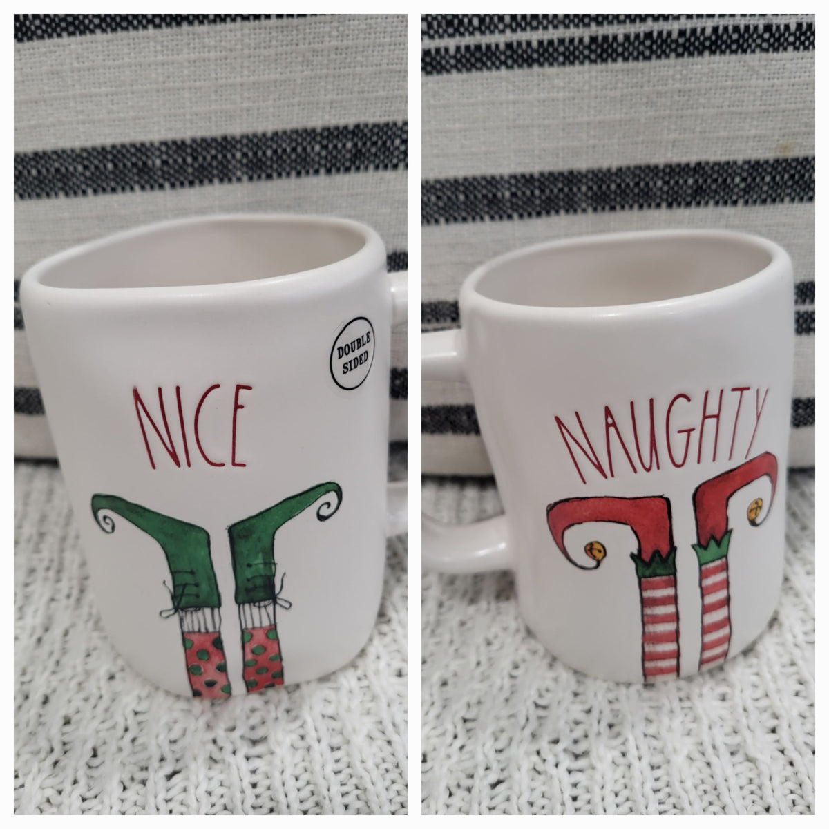 Rae Dunn &quot;Naughty &amp; Nice&quot; Elf Feet Double Sided Mug Holiday Collection