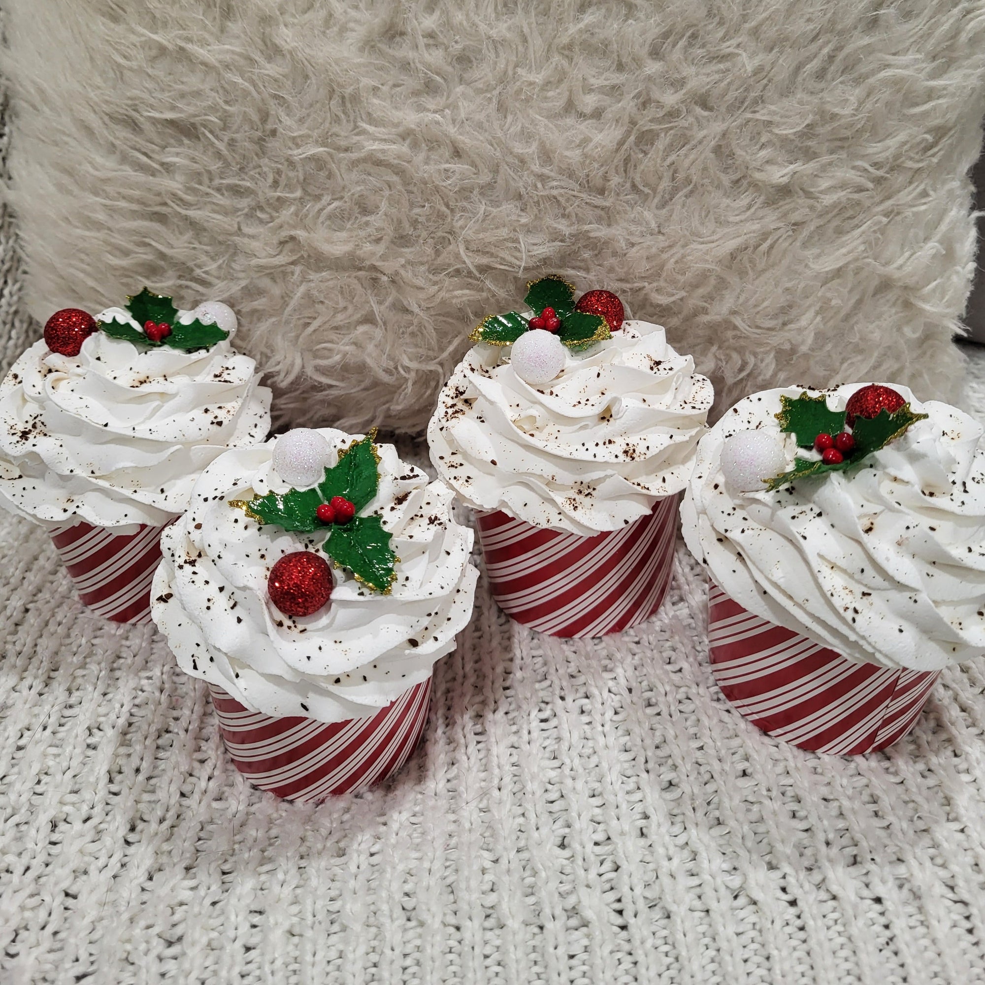 Pip Posh Design Faux Sweet Décor Whipped Mistletoe Candy Cane Cupcakes Set Of 4 Holiday Collection