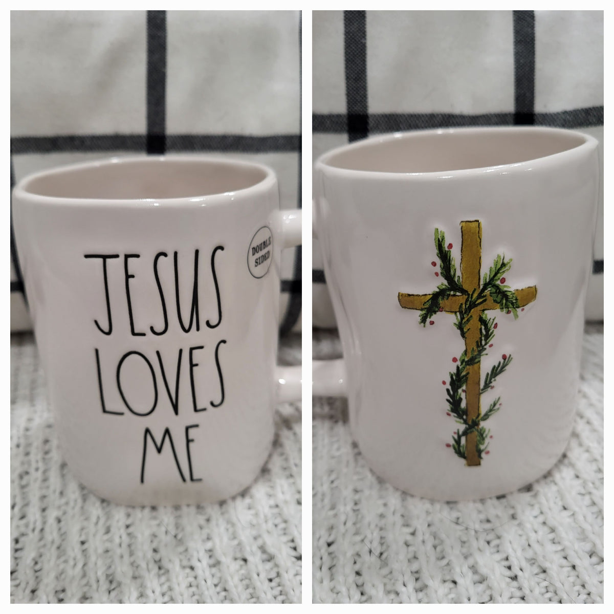 Rae Dunn &quot;Jesus Loves Me&quot; Cross Double Sided Mug Faith Collection
