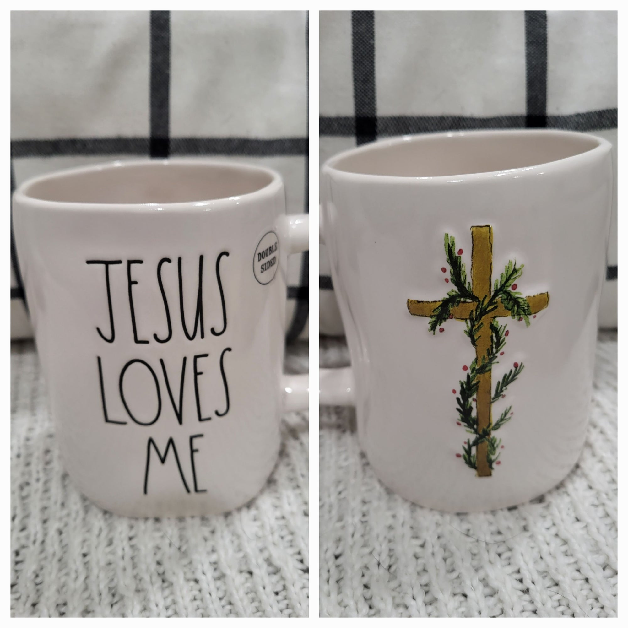 Rae Dunn "Jesus Loves Me" Cross Double Sided Mug Faith Collection