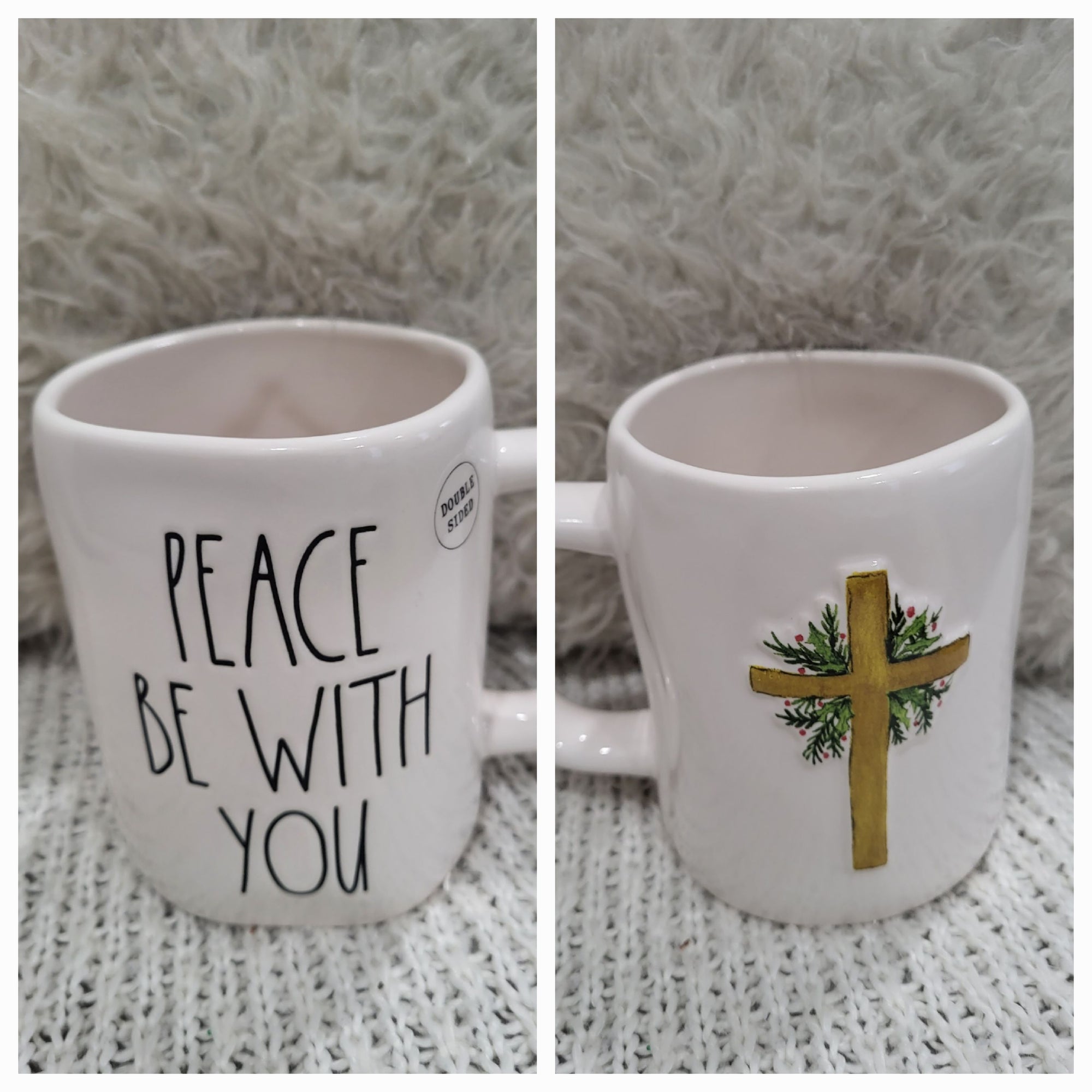 Rae Dunn "Peace Be With You" Cross Double Sided Mug Faith Collection