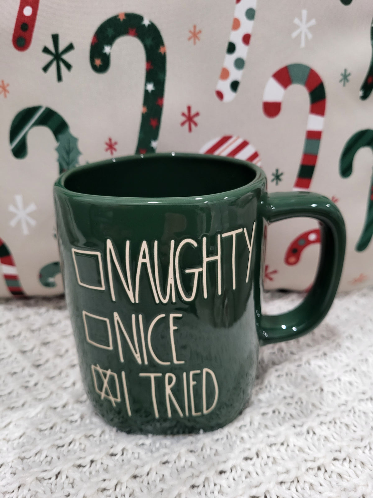 Rae Dunn &quot;Naughty, Nice, I Tried&quot; Green Mug Holiday Collection
