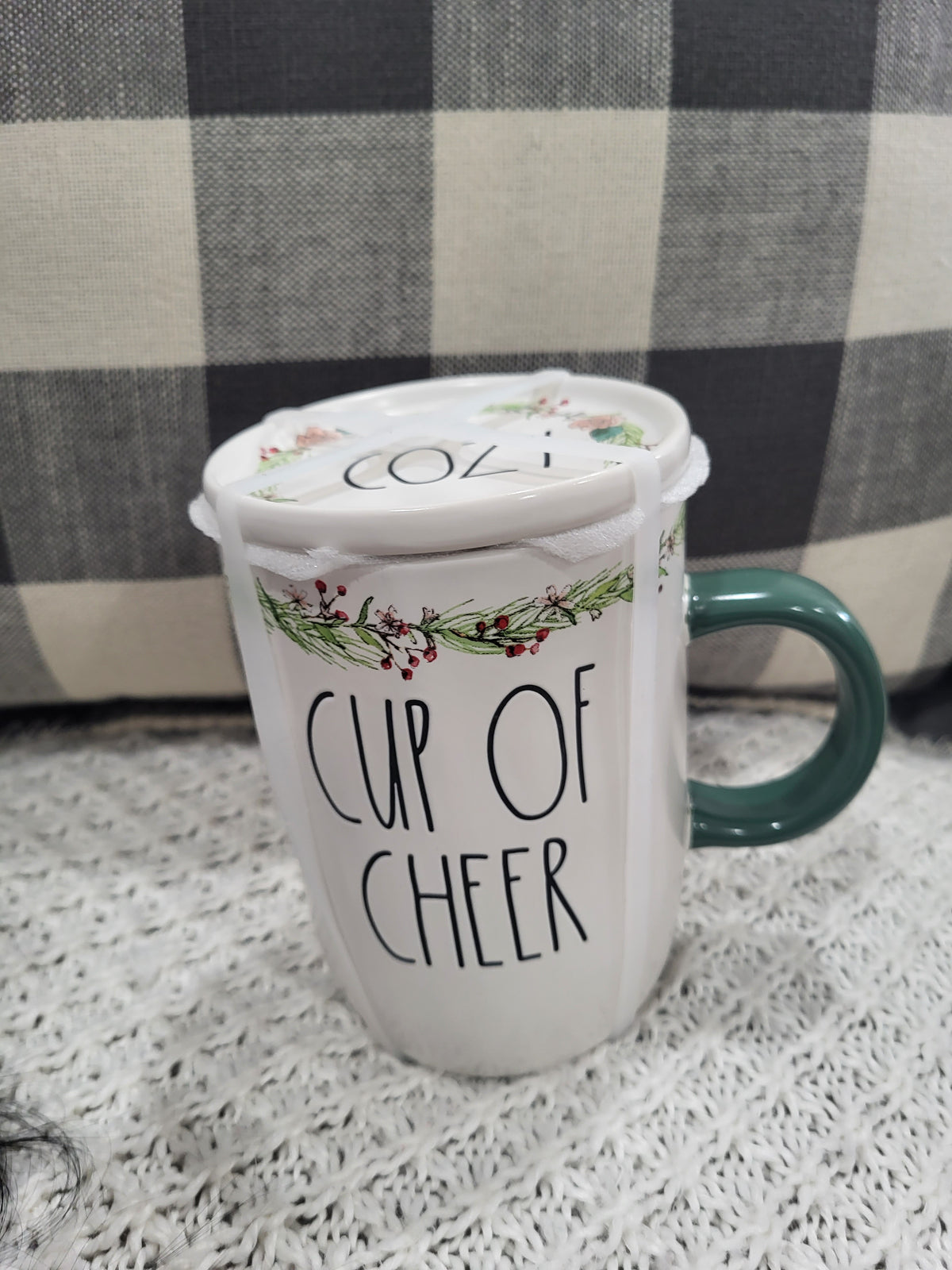 Rae Dunn &quot;Cup Of Cheer&quot; Mug &amp; Cozy Lid Warmer Holiday Collection