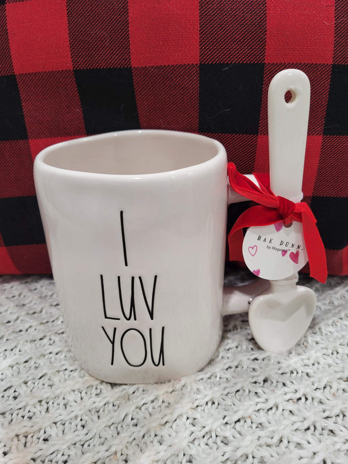 Rae Dunn &quot; I Luv You&quot; White Mug &amp; Heart Stir Spoon Collection