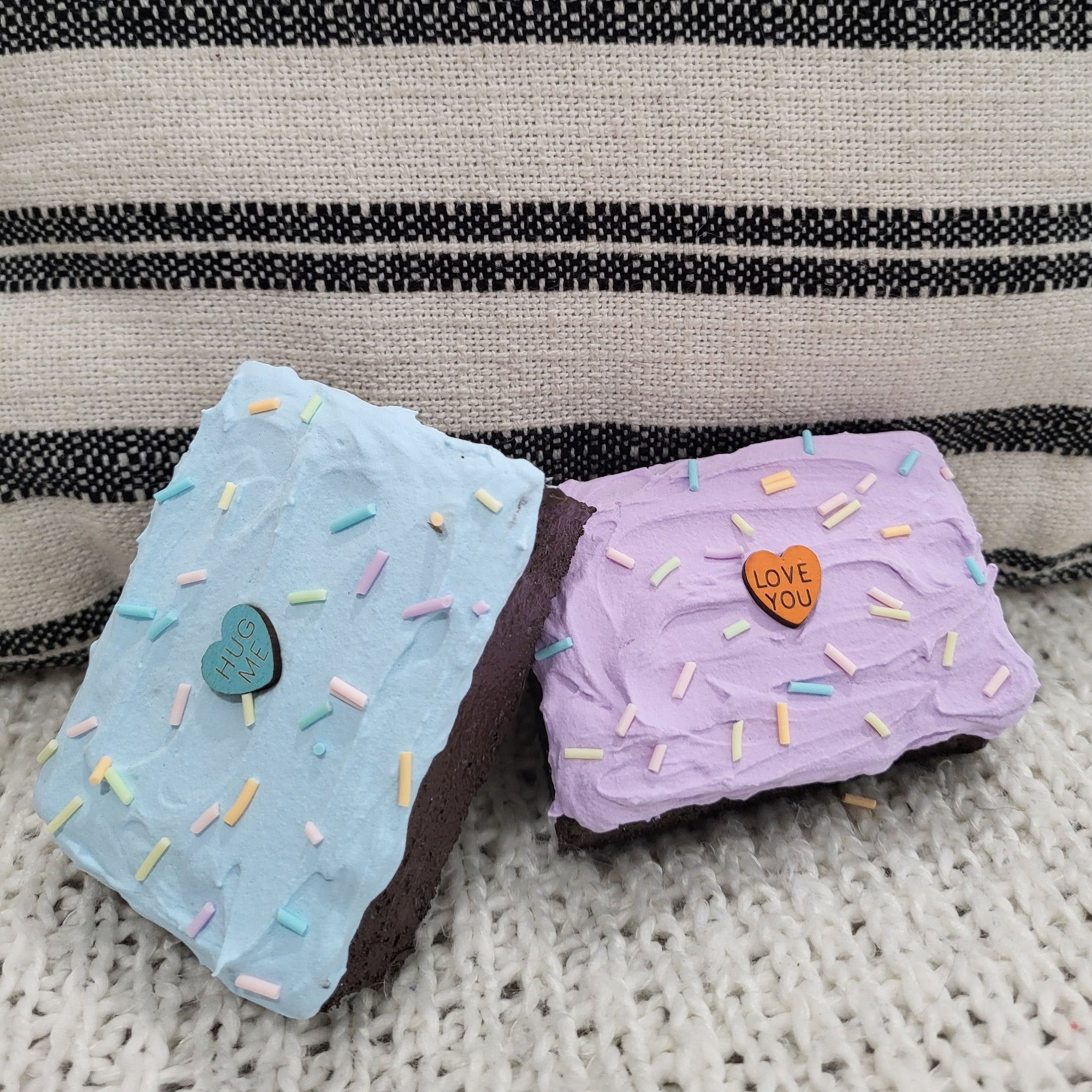 Pip Posh Design Faux Sweet Décor Hug Me, Love You Candy Hearts Purple & Blue Brownies Set Of 2. Bakery Collection