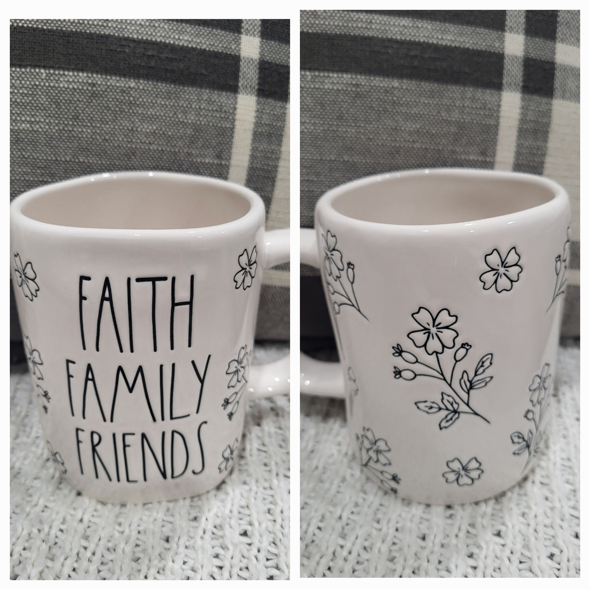 Rae Dunn &quot;Faith Family Friends&quot; White Flowers Double Sided Mug Collection