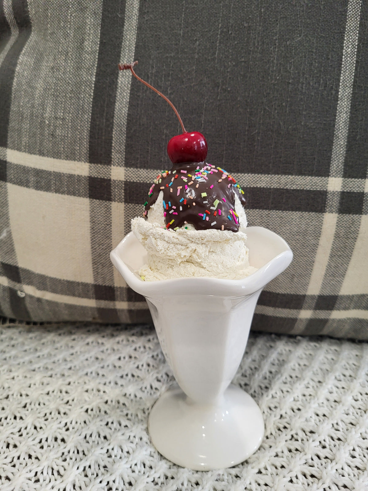 Pip Posh Design Faux Sweet Décor Chocolate Drizzled Sprinkles Cherry Vanilla Ice Cream White Cone Dessert Collection