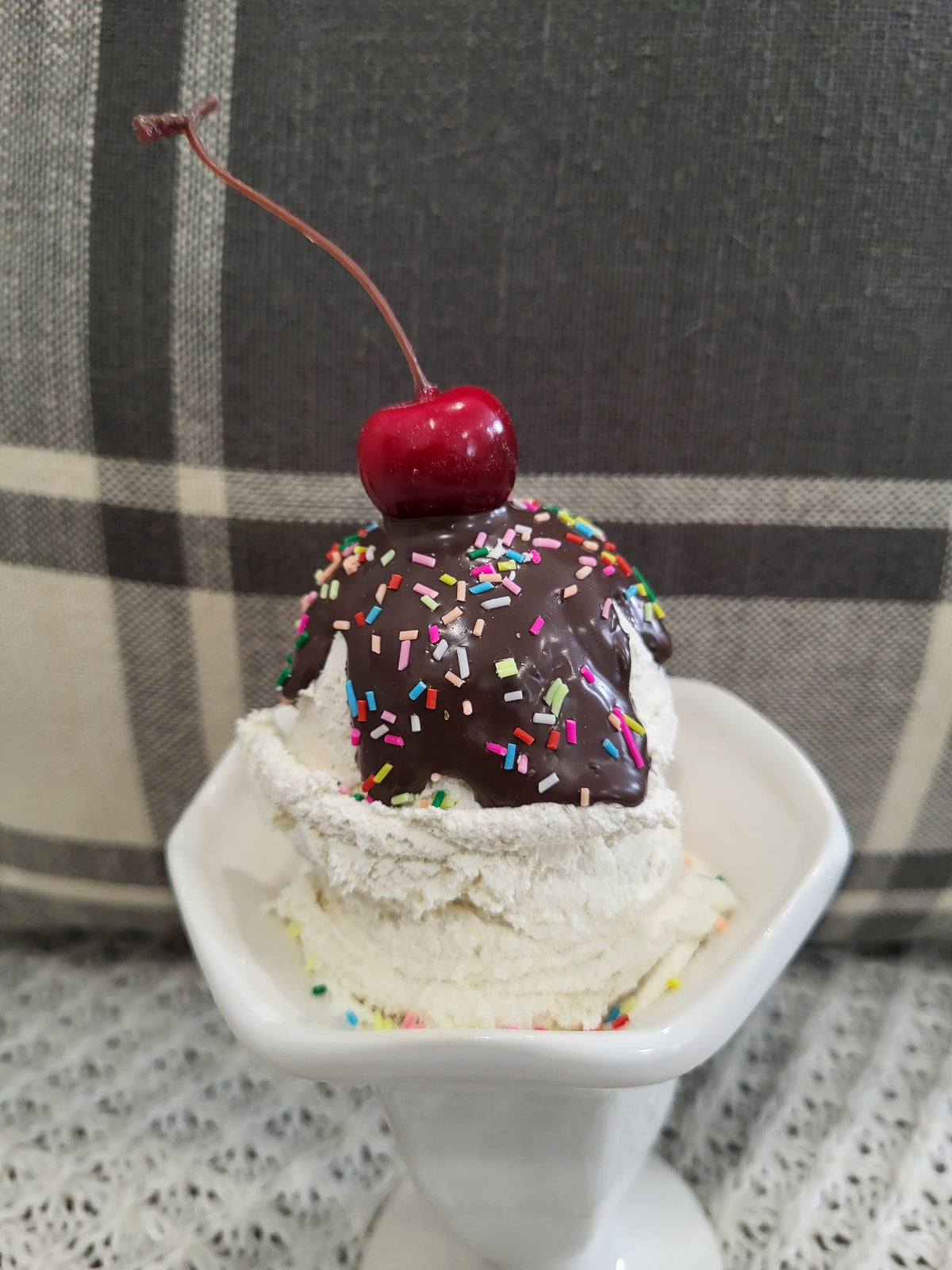 Pip Posh Design Faux Sweet Décor Chocolate Drizzled Sprinkles Cherry Vanilla Ice Cream White Cone Dessert Collection