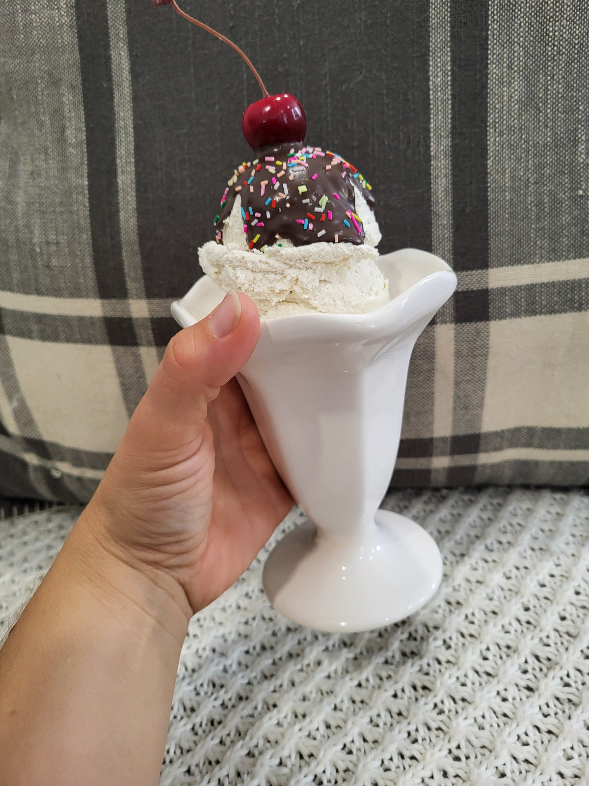 Pip Posh Design Faux Sweet Décor Chocolate Drizzled Sprinkles Cherry Vanilla Ice Cream White Cone Dessert Collection