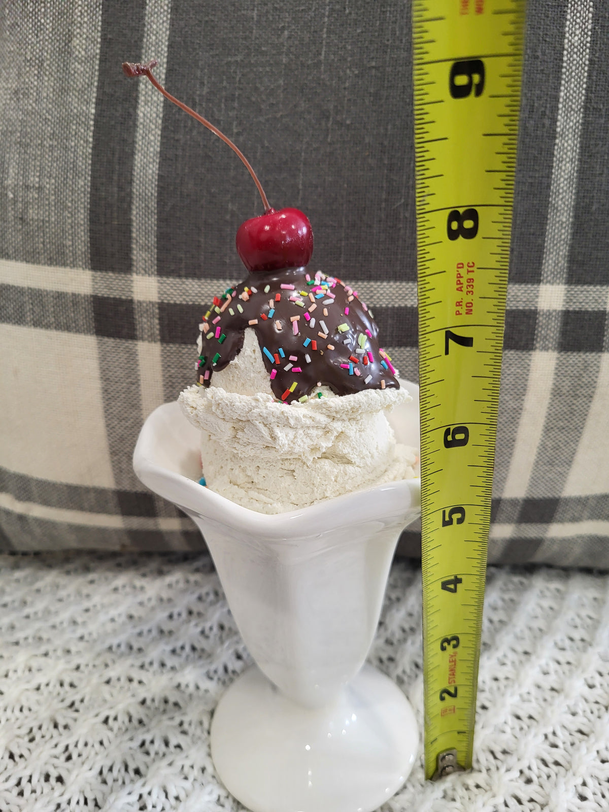 Pip Posh Design Faux Sweet Décor Chocolate Drizzled Sprinkles Cherry Vanilla Ice Cream White Cone Dessert Collection