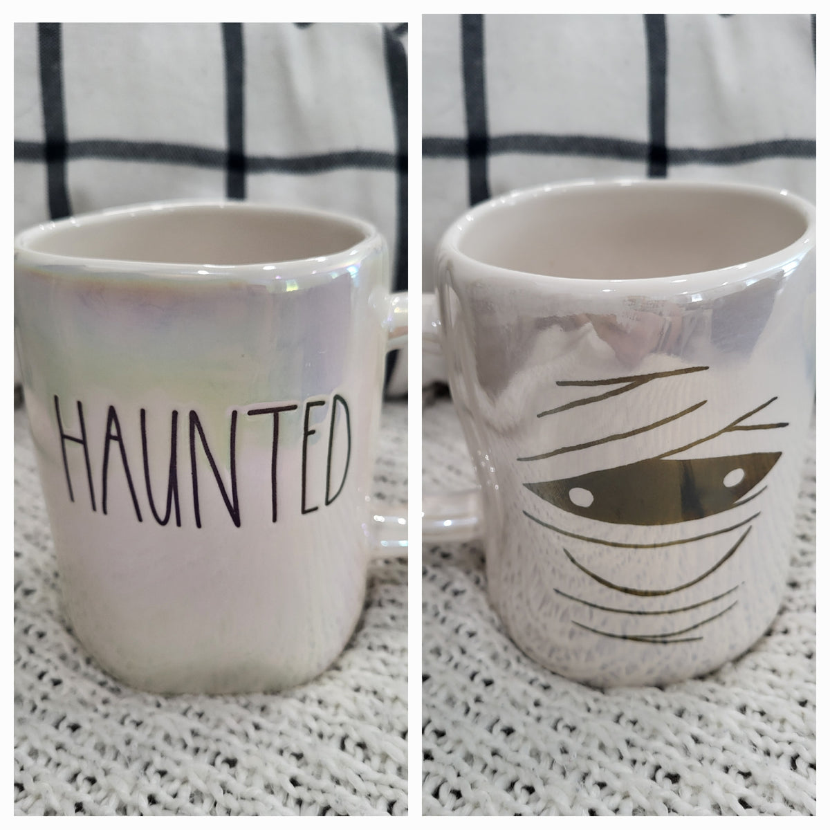 Rae Dunn &quot;Haunted&quot; Mummy Double Sided White Iridescent Mug Halloween Collection