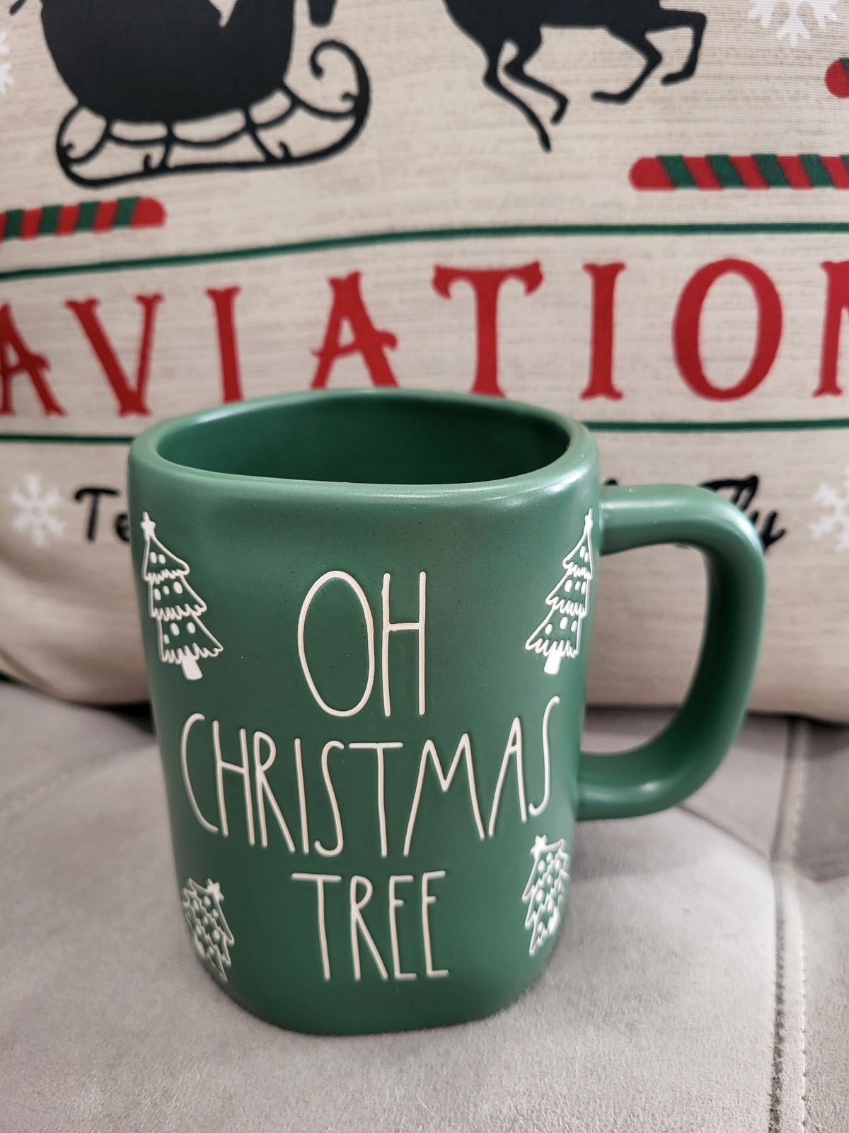 Rae Dunn &quot;Oh Christmas Tree&quot; Green Christmas Tree Double Sided Mug Holiday Collection