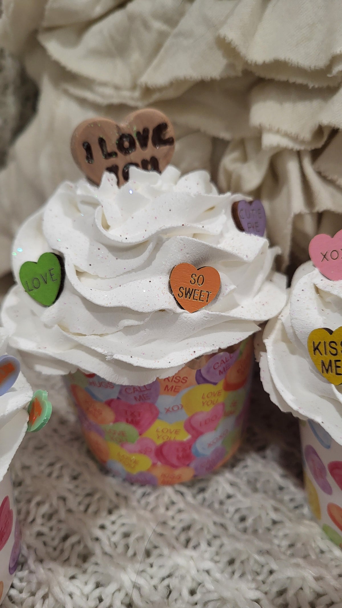 Pip Posh Design Faux Sweet Decor Candy Hearts White Whipped Cupcakes Set Of 4 Bakery Collection