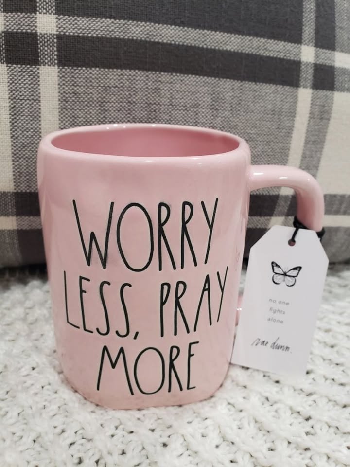 Rae Dunn &quot;Worry Less, Pray More&quot; Powder Pink No One Fights Alone Mug Collection
