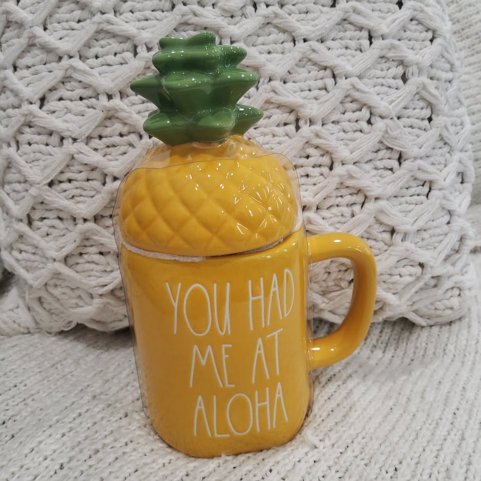Rae Dunn &quot;You Had Me At Aloha&quot; Yellow Mug &amp; Pineapple Lid Warmer Collection